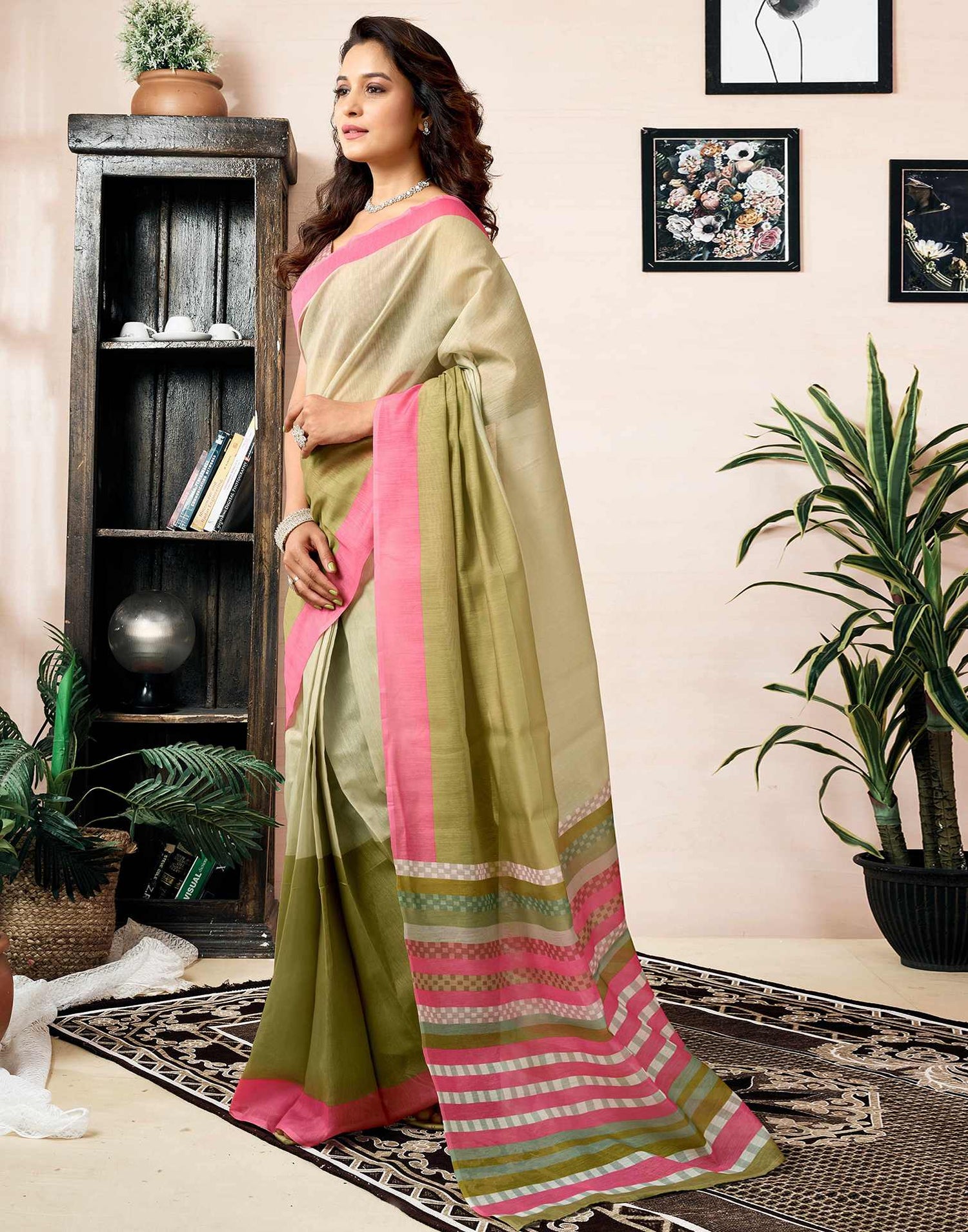 Ready To Wear Green Chanderi Printed Saree With Pocket