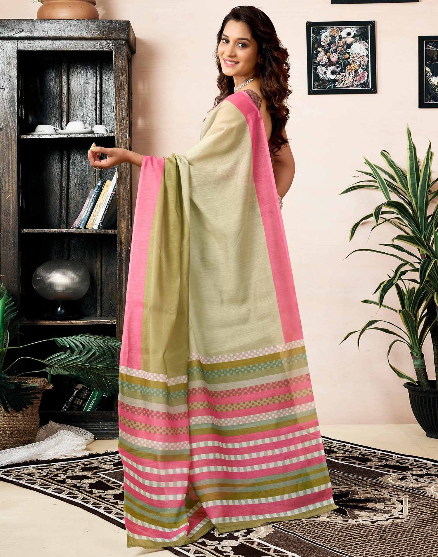 Ready To Wear Green Chanderi Printed Saree With Pocket