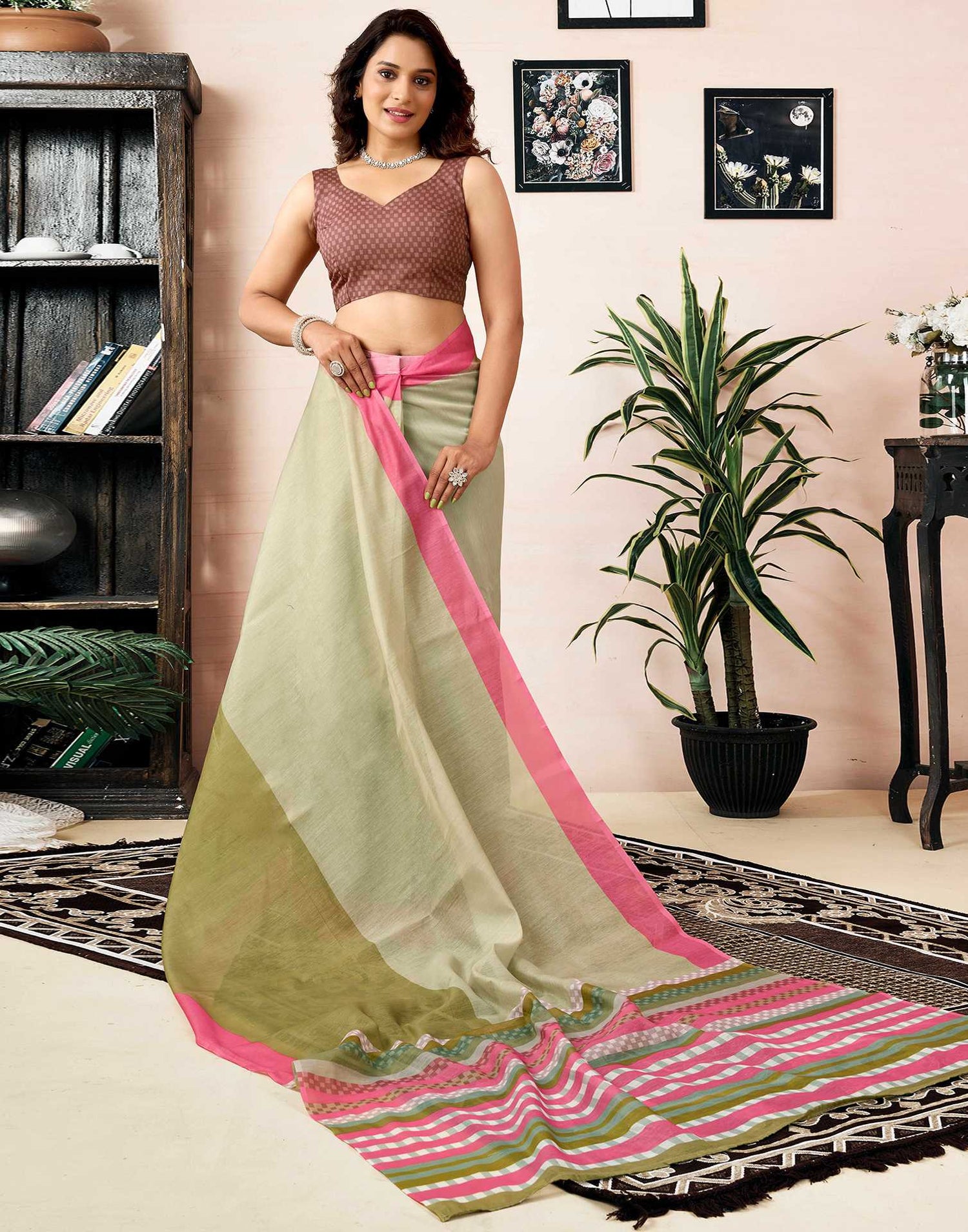 Ready To Wear Green Chanderi Printed Saree With Pocket