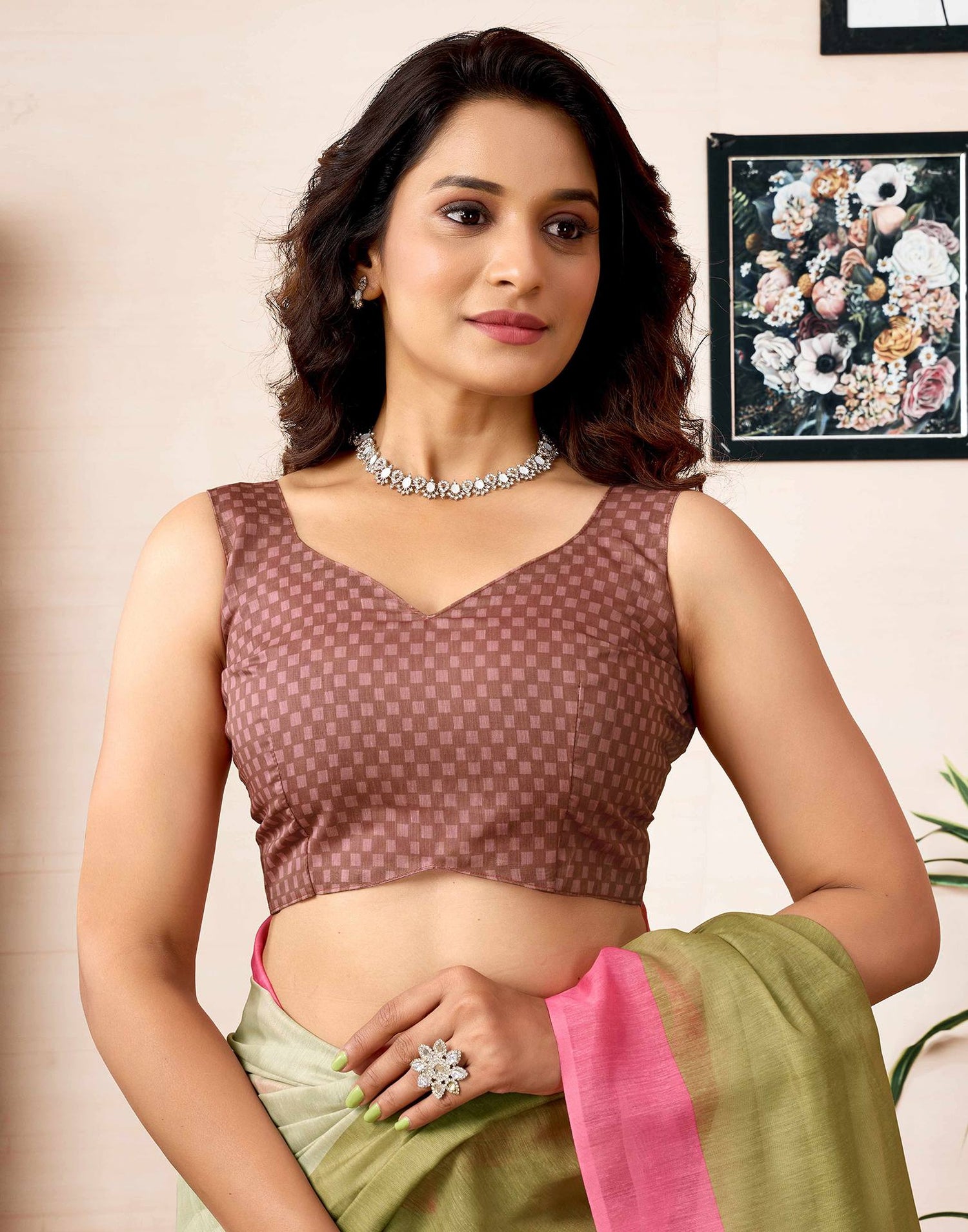 Ready To Wear Green Chanderi Printed Saree With Pocket