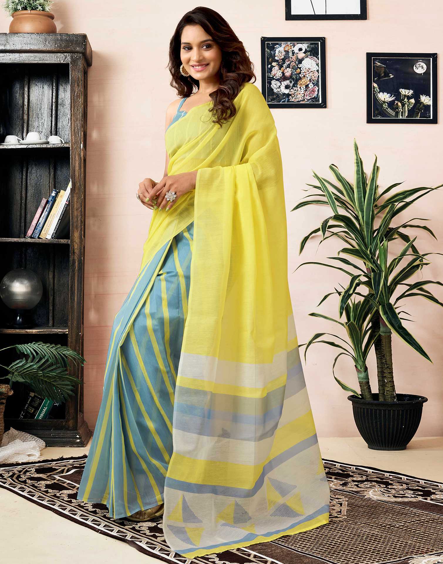 Ready To Wear Bright Yellow Chanderi Printed Saree With Pocket