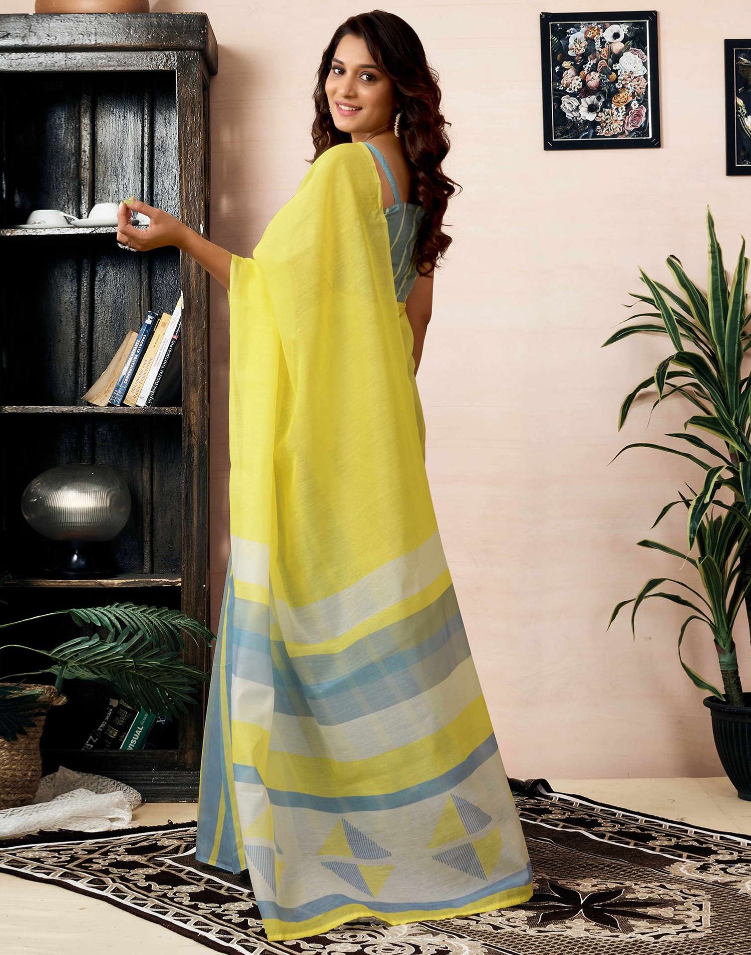 Ready To Wear Bright Yellow Chanderi Printed Saree With Pocket