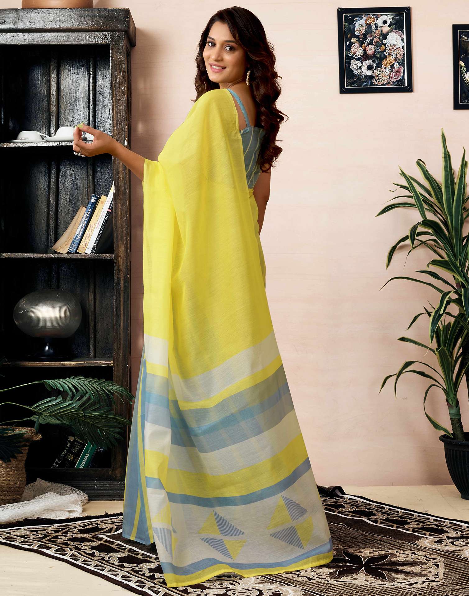 Ready To Wear Bright Yellow Chanderi Printed Saree With Pocket