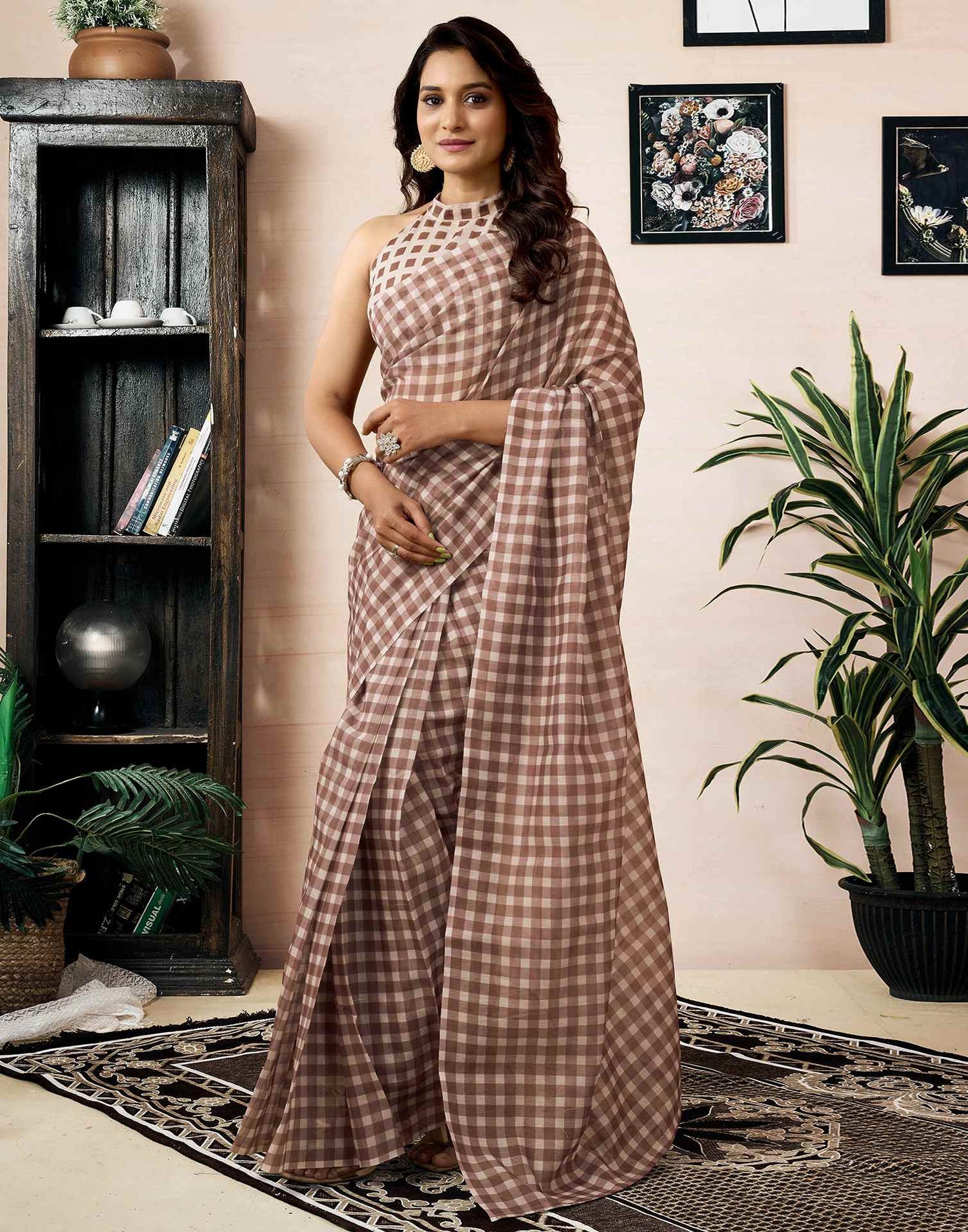 Ready To Wear Brow Chanderi Printed Saree With Pocket