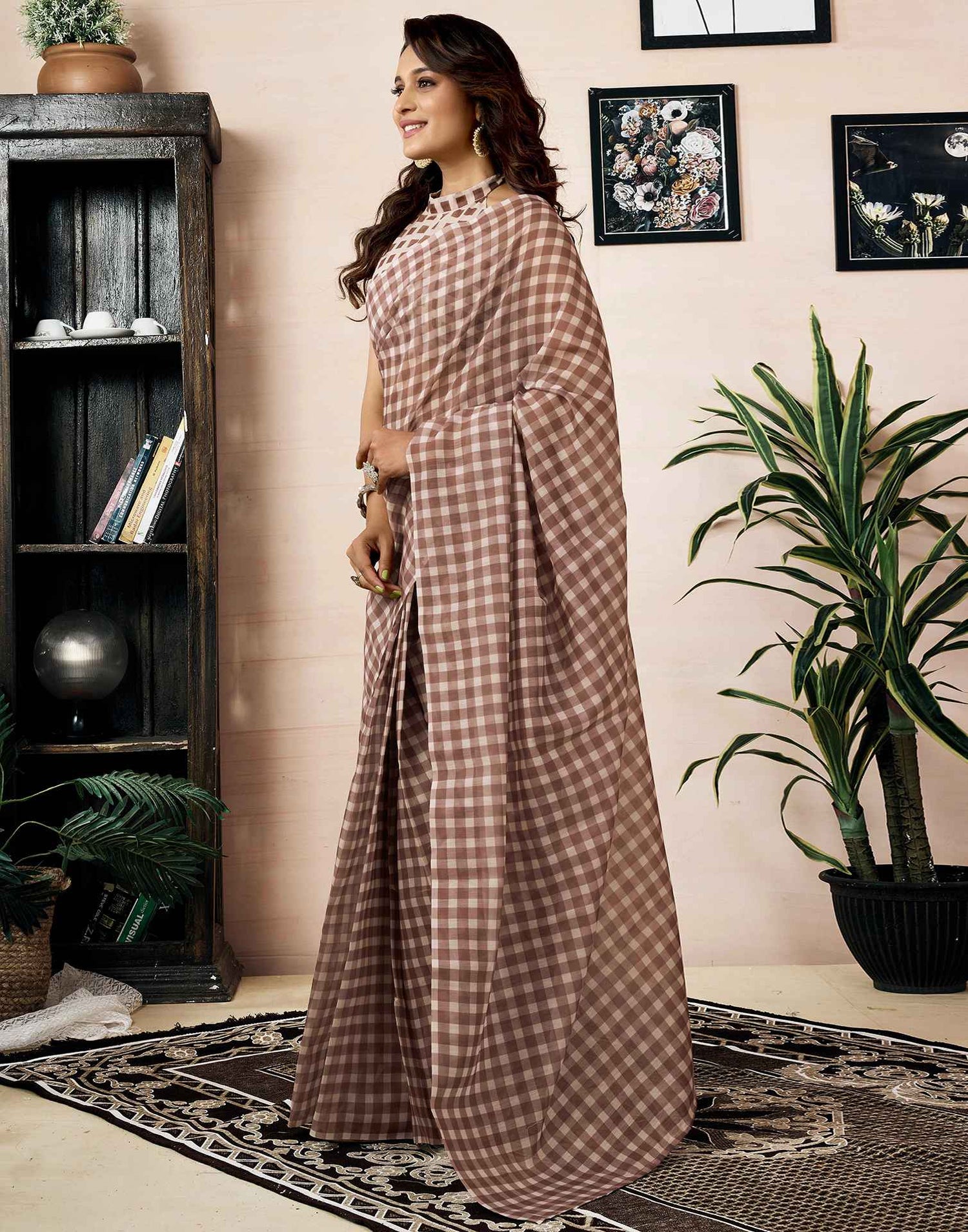 Ready To Wear Brow Chanderi Printed Saree With Pocket