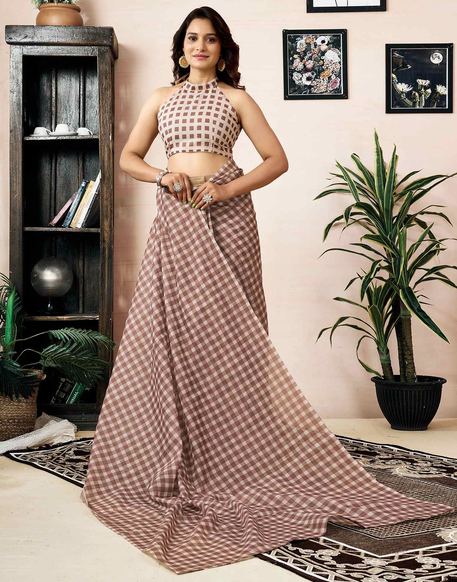 Ready To Wear Brow Chanderi Printed Saree With Pocket