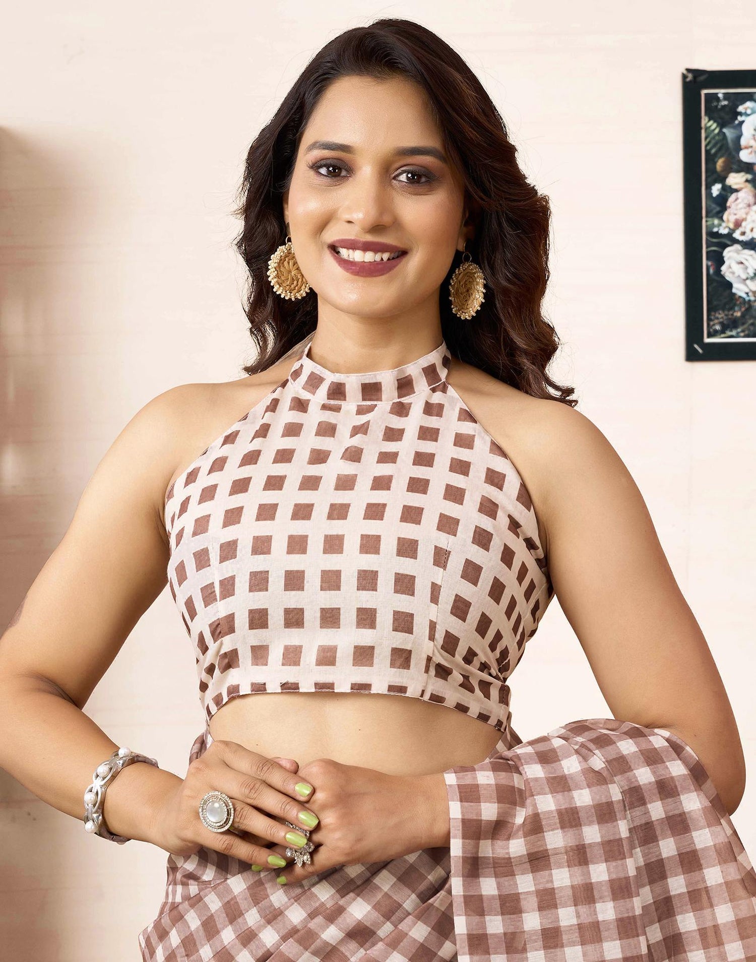 Ready To Wear Brow Chanderi Printed Saree With Pocket