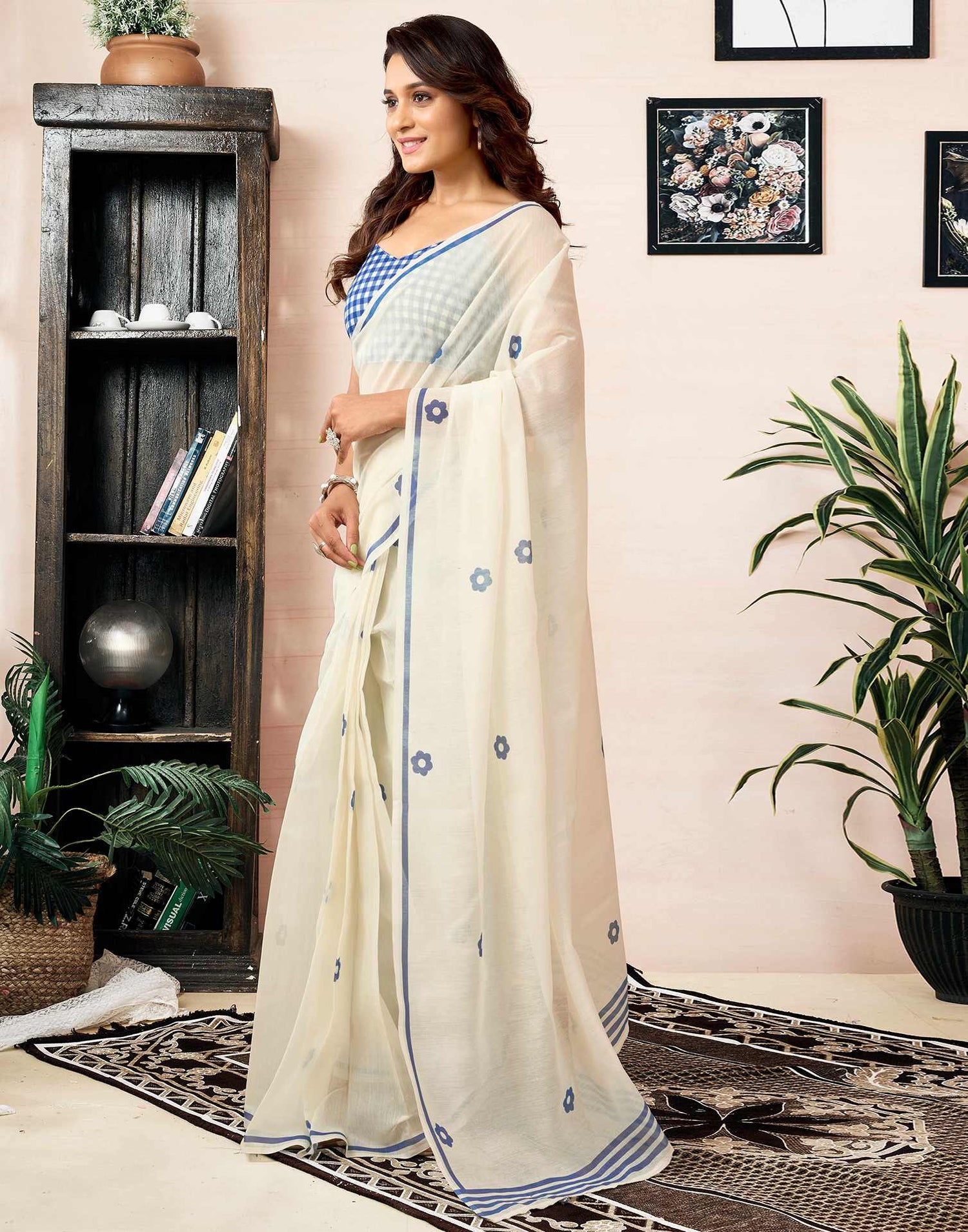 Ready To Wear Off White Chanderi Floral Printed Saree With Pocket