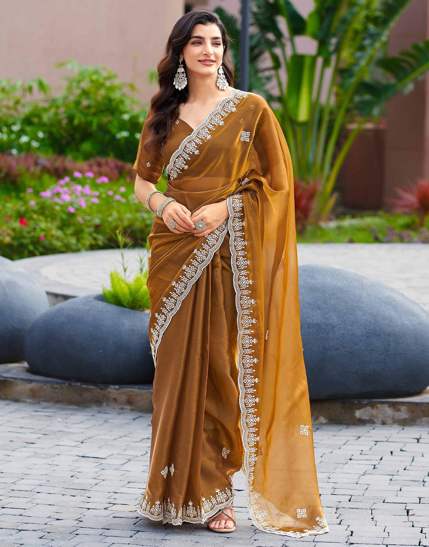 Brown Shimmer Sequence Embroidery Saree