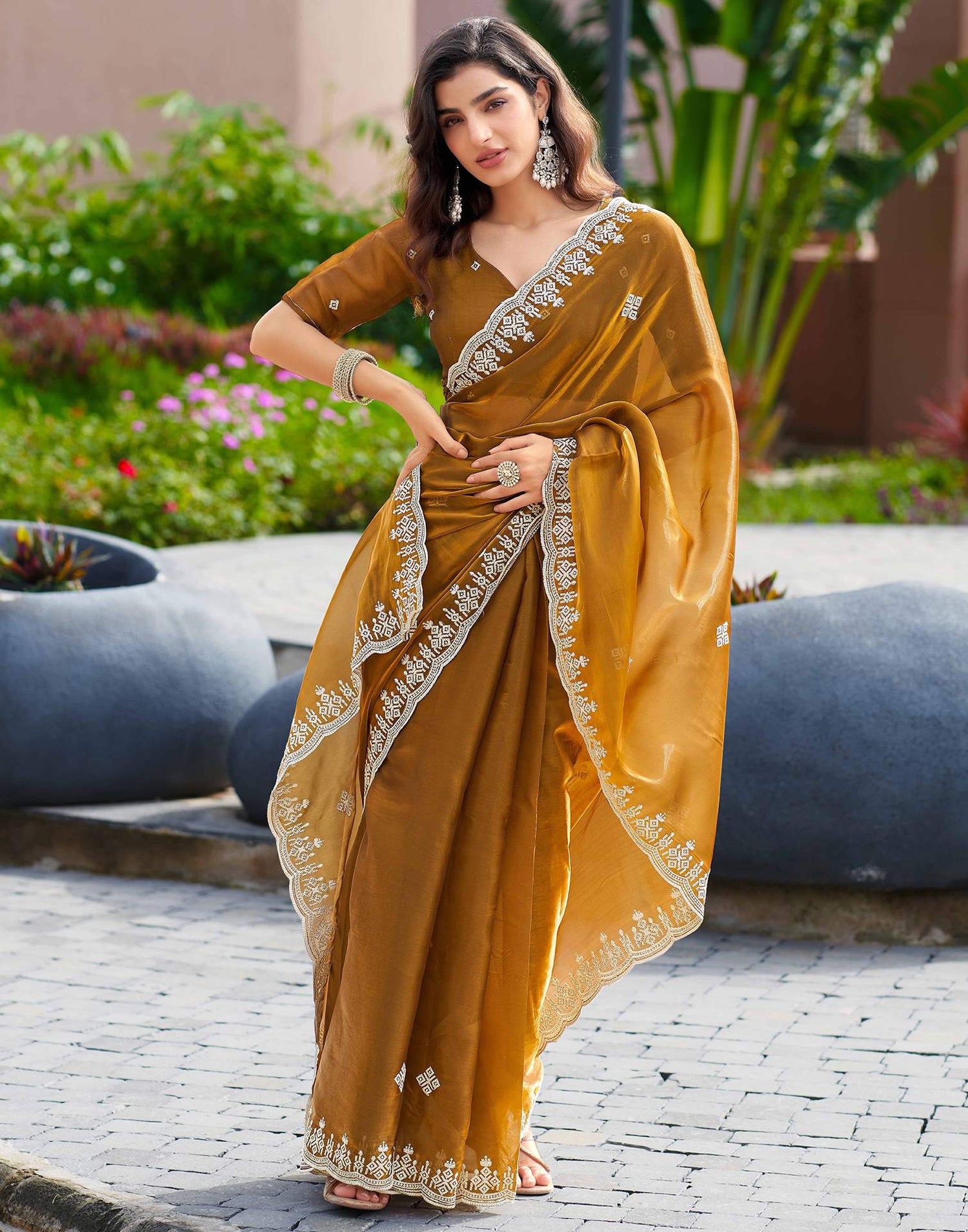 Brown Shimmer Sequence Embroidery Saree