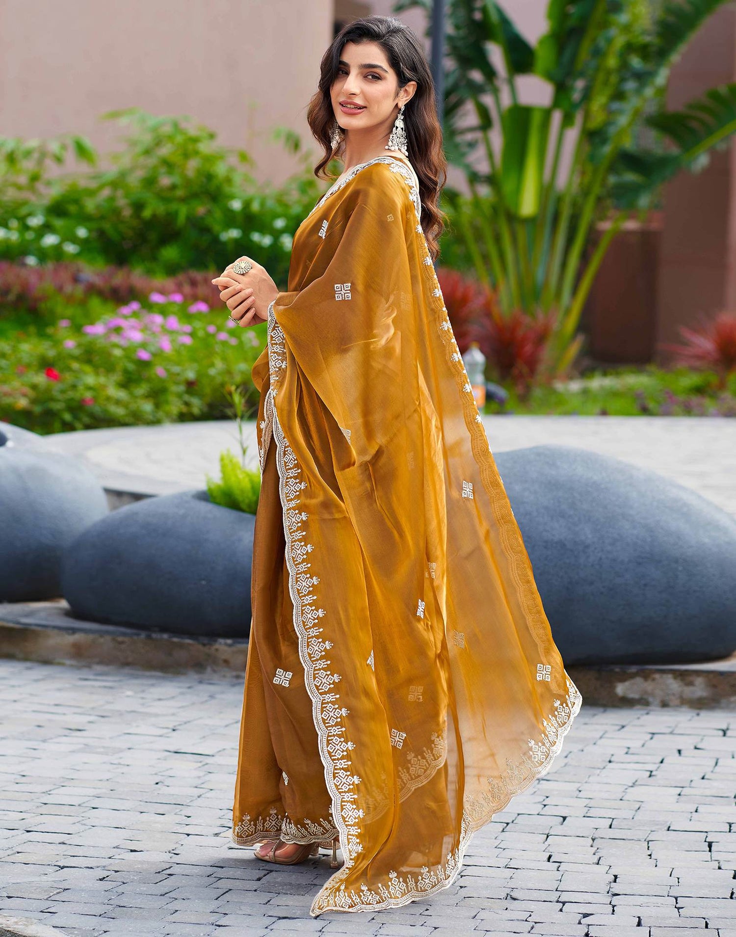 Brown Shimmer Sequence Embroidery Saree