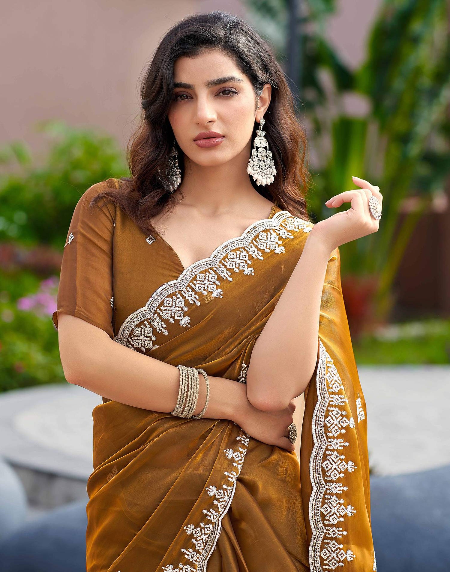 Brown Shimmer Sequence Embroidery Saree