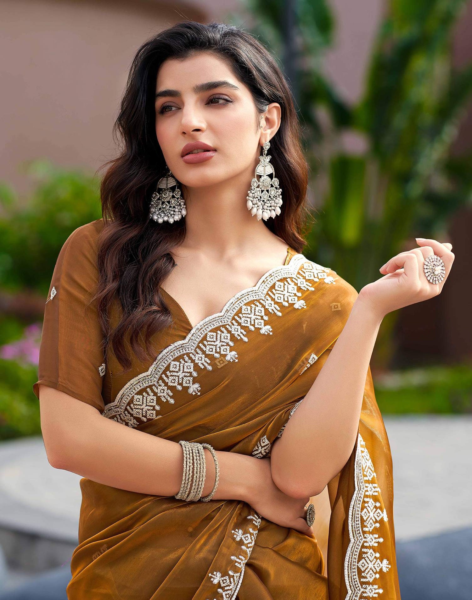 Brown Shimmer Sequence Embroidery Saree