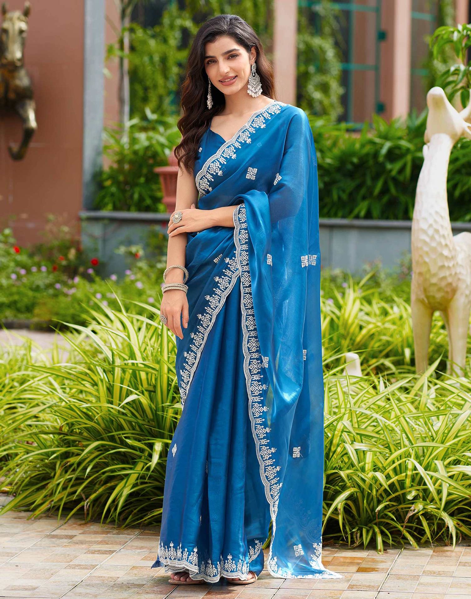 Peacock Blue Shimmer Sequence Embroidery Saree