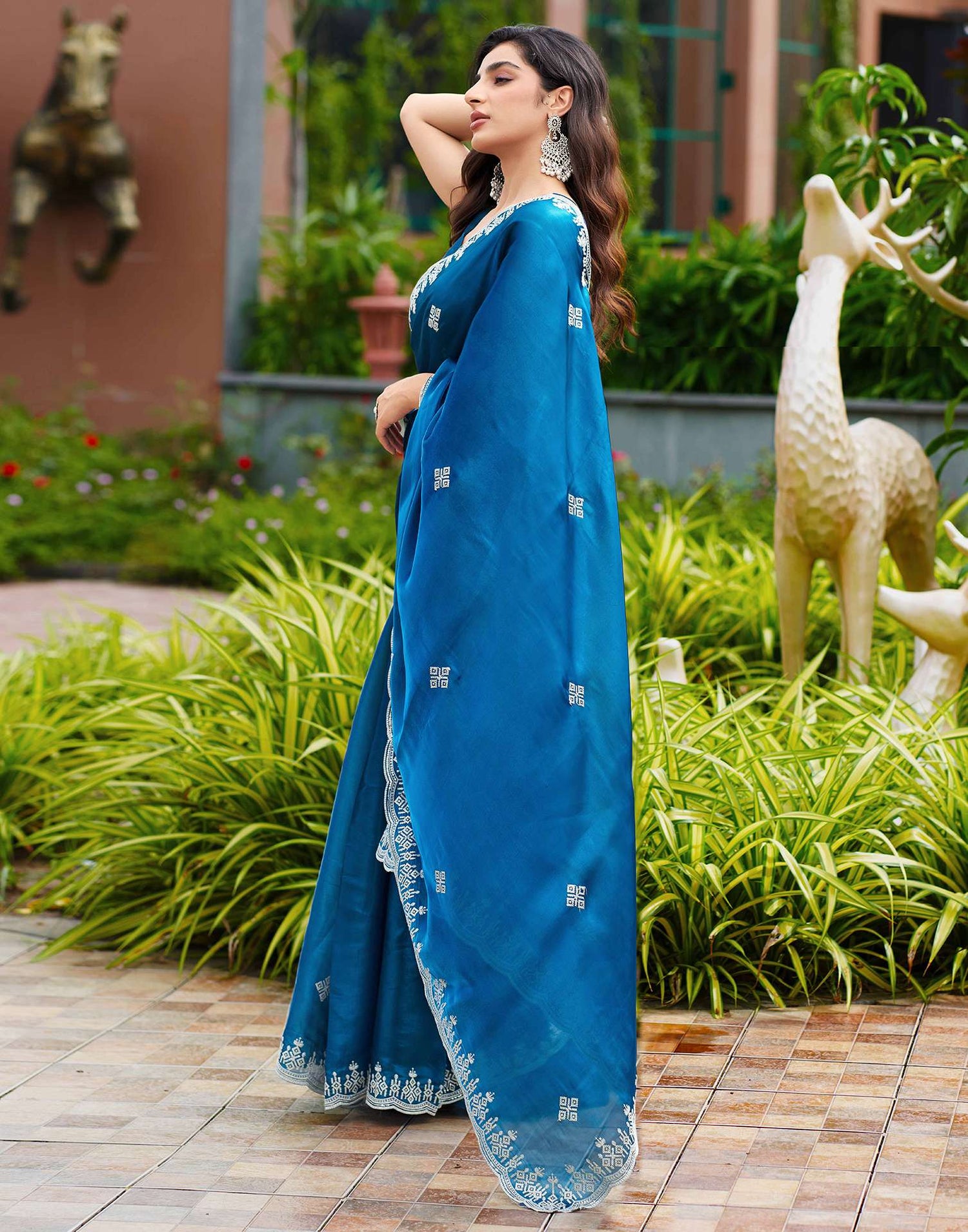 Peacock Blue Shimmer Sequence Embroidery Saree