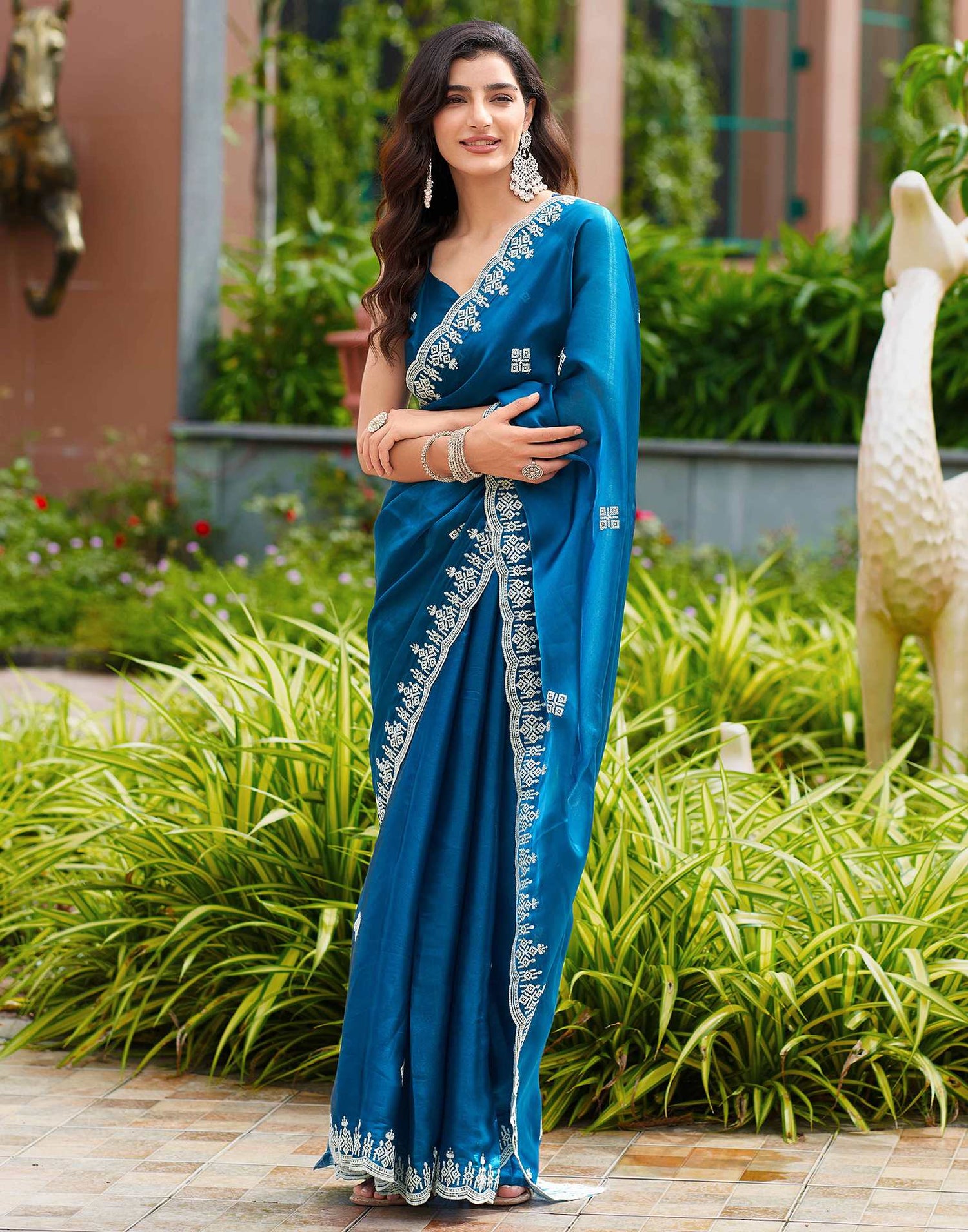Peacock Blue Shimmer Sequence Embroidery Saree