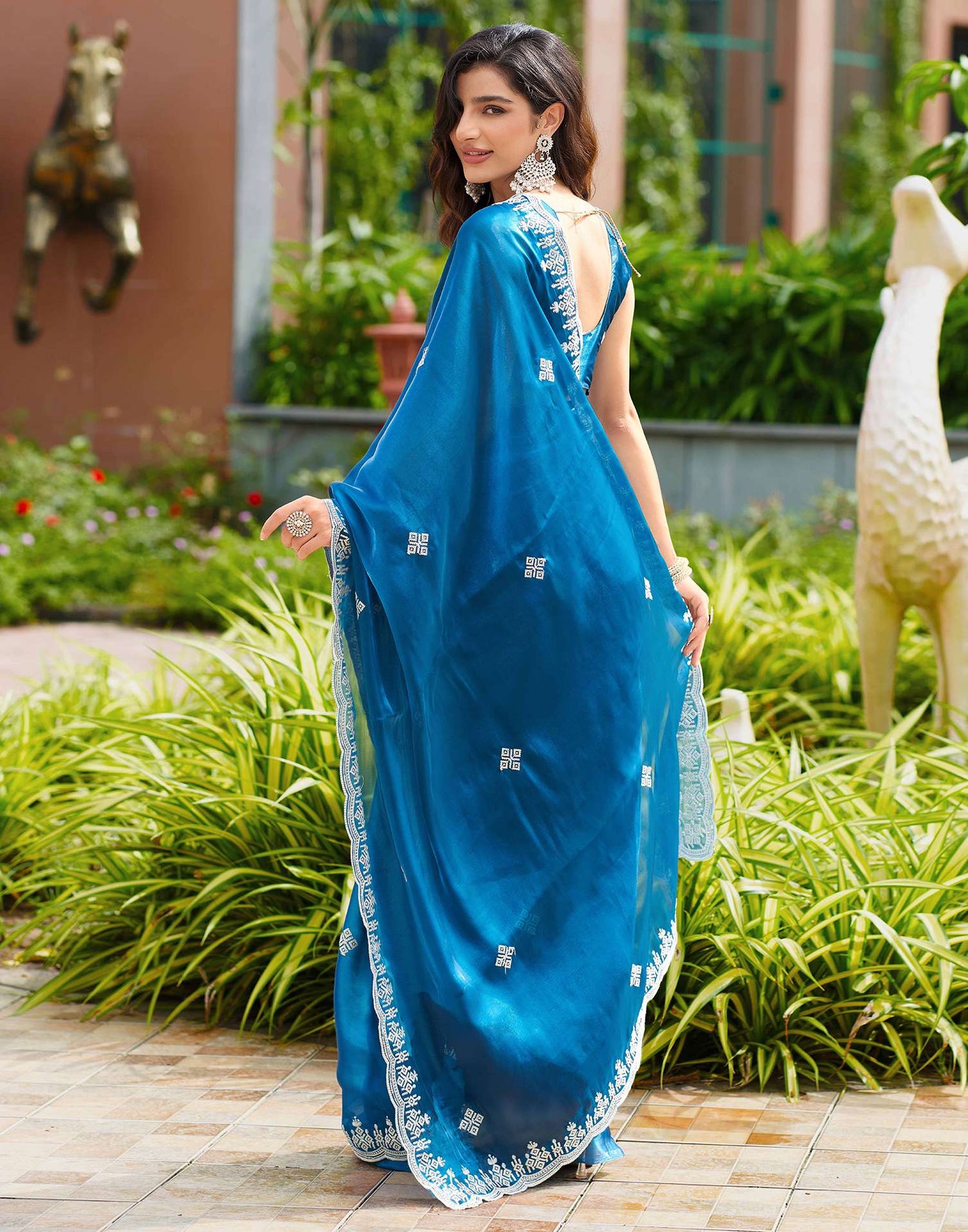 Peacock Blue Shimmer Sequence Embroidery Saree