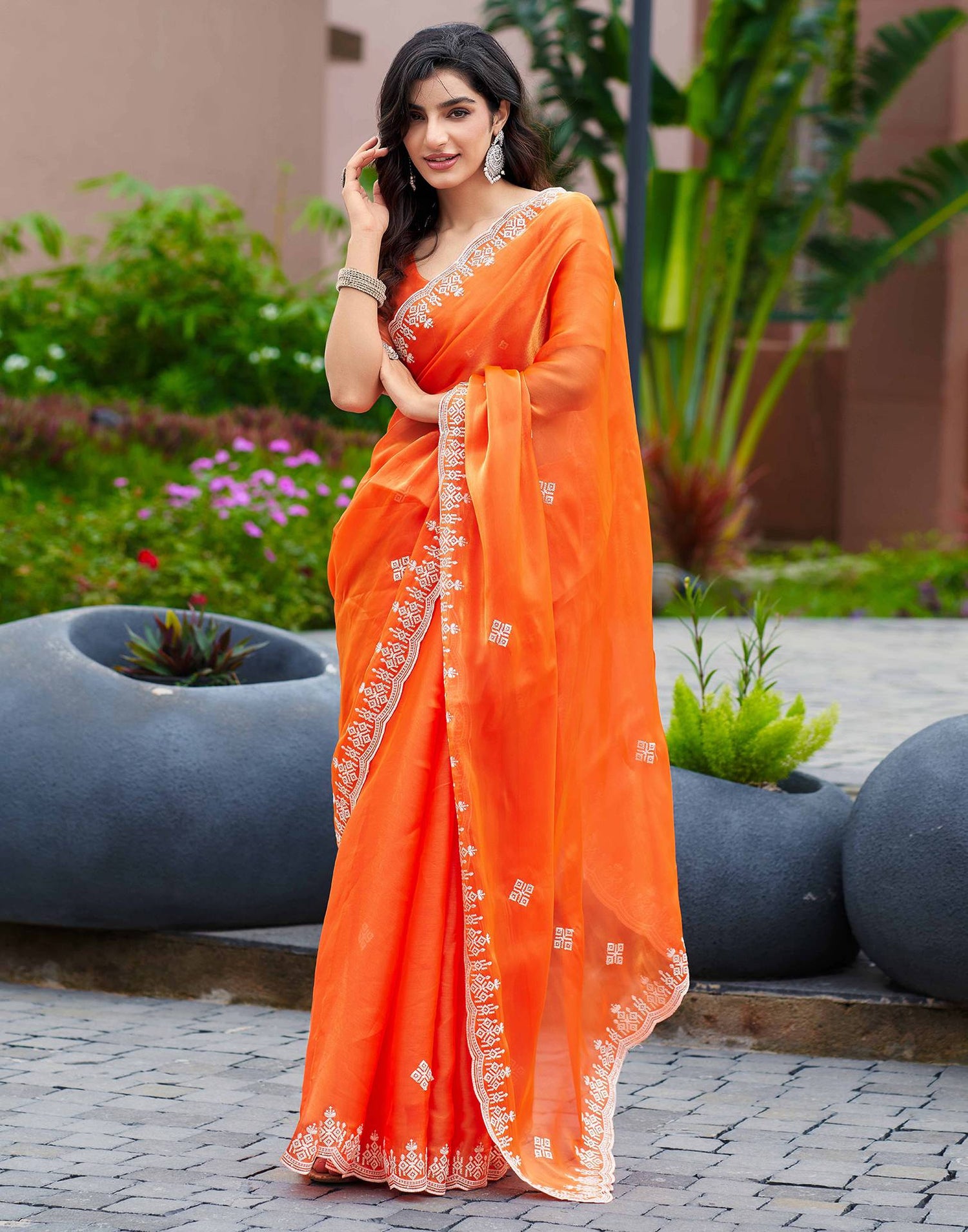 Orange Shimmer Sequence Embroidery Saree