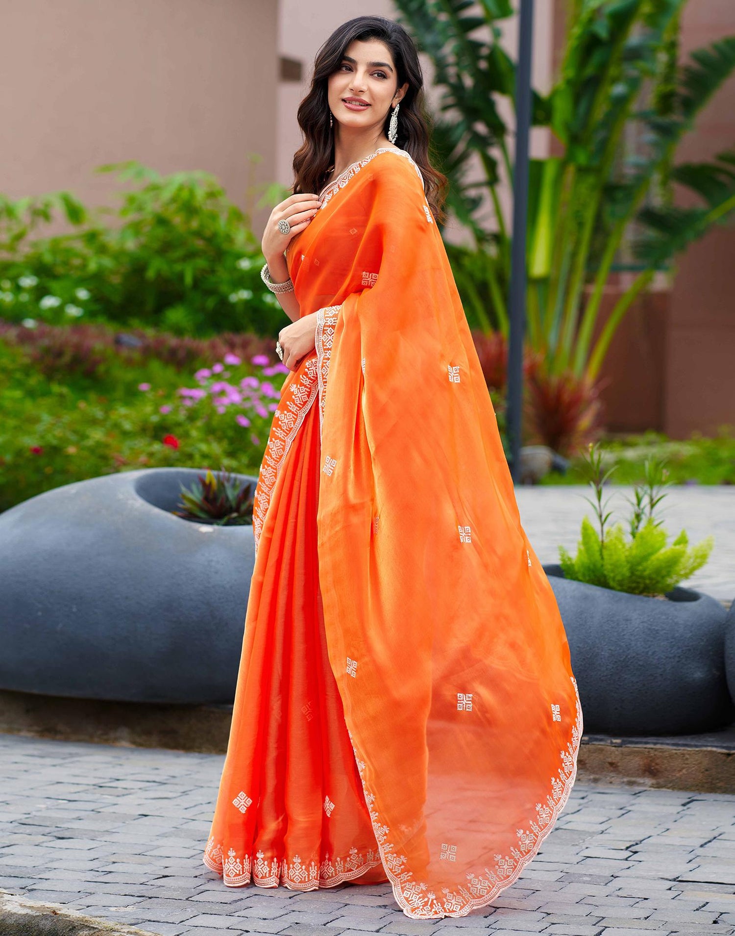 Orange Shimmer Sequence Embroidery Saree