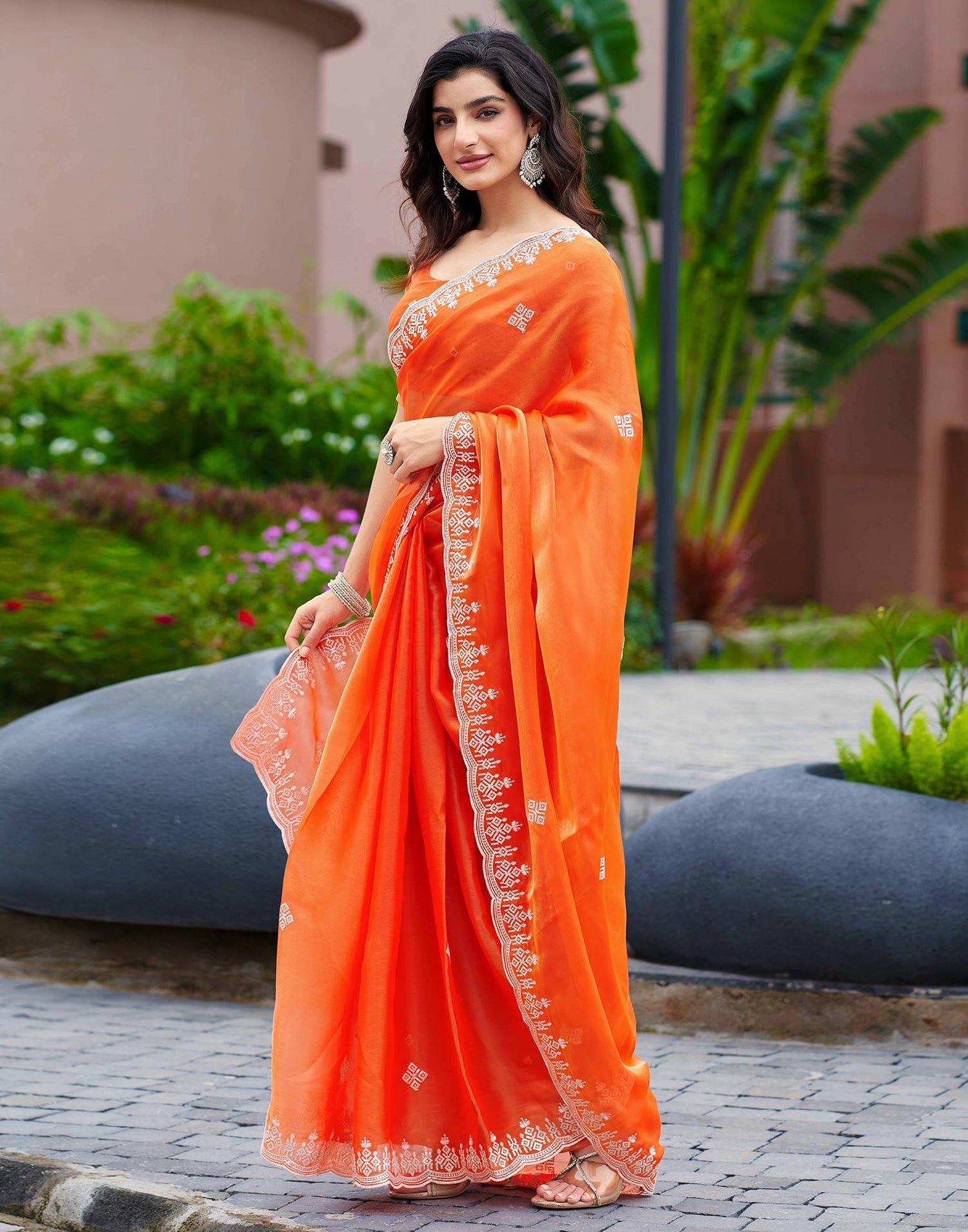 Orange Shimmer Sequence Embroidery Saree