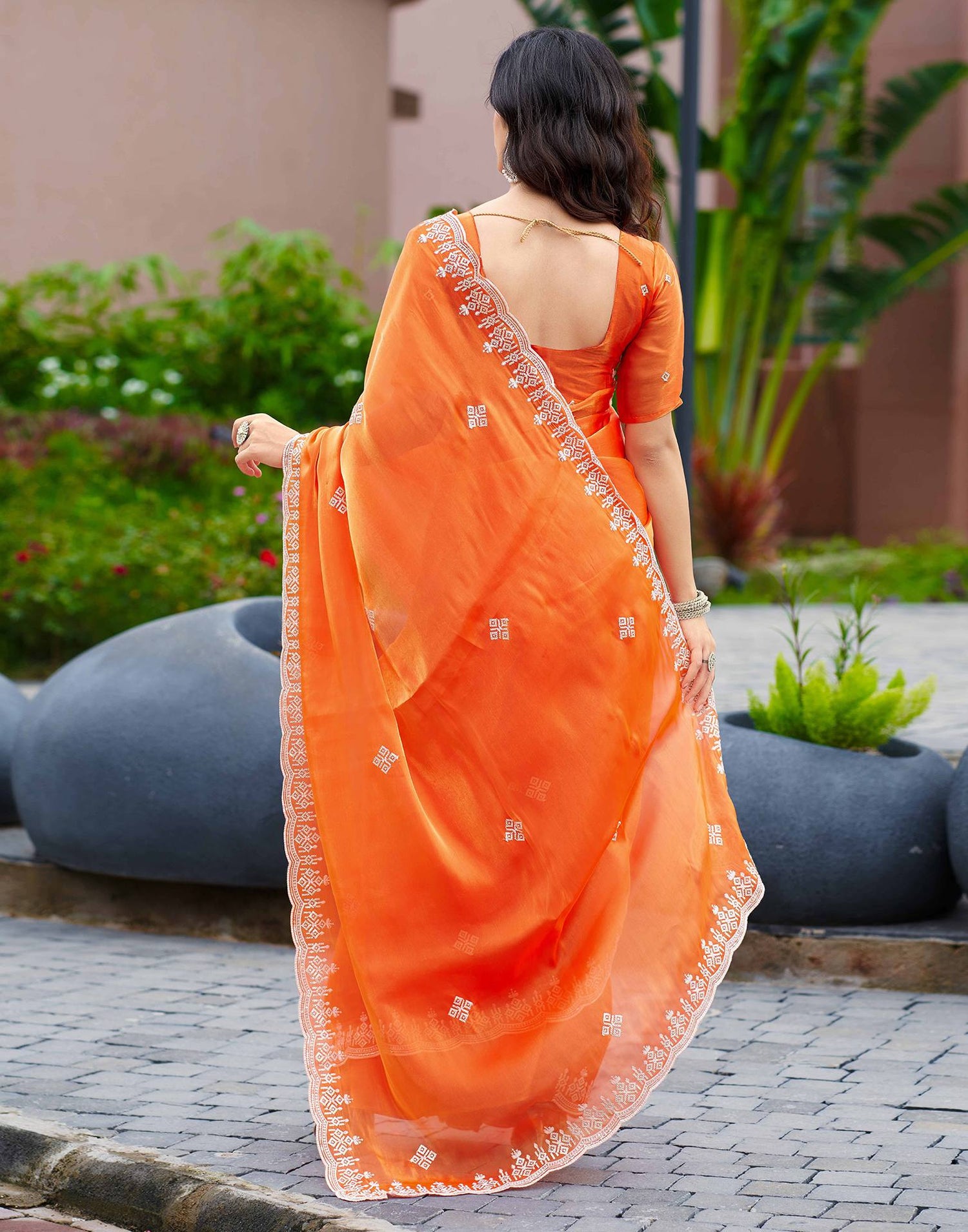Orange Shimmer Sequence Embroidery Saree