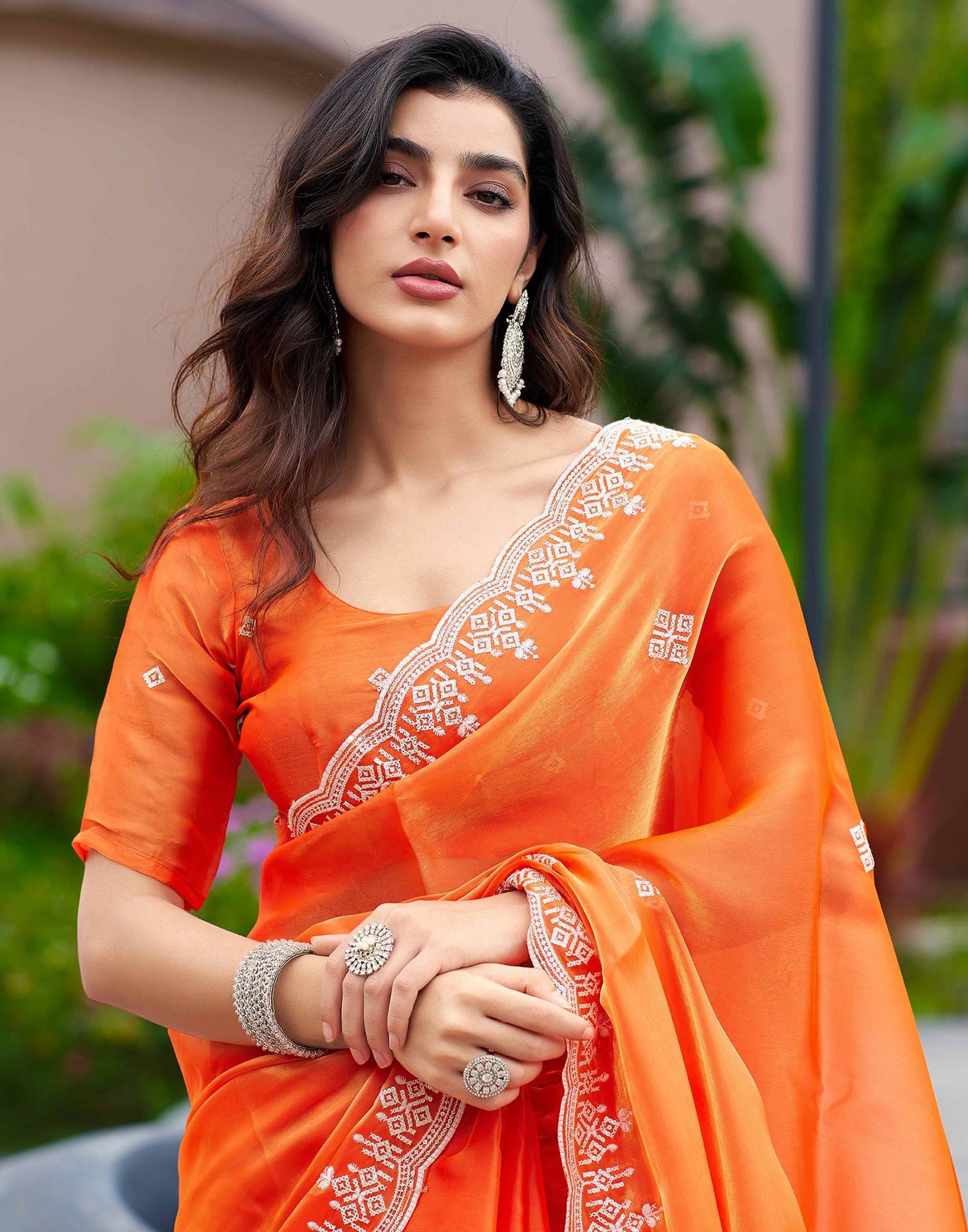 Orange Shimmer Sequence Embroidery Saree