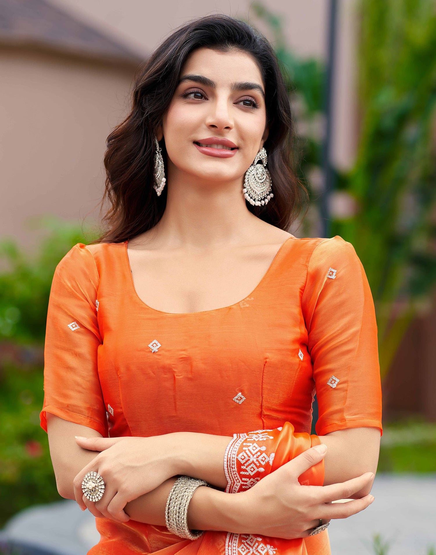 Orange Shimmer Sequence Embroidery Saree