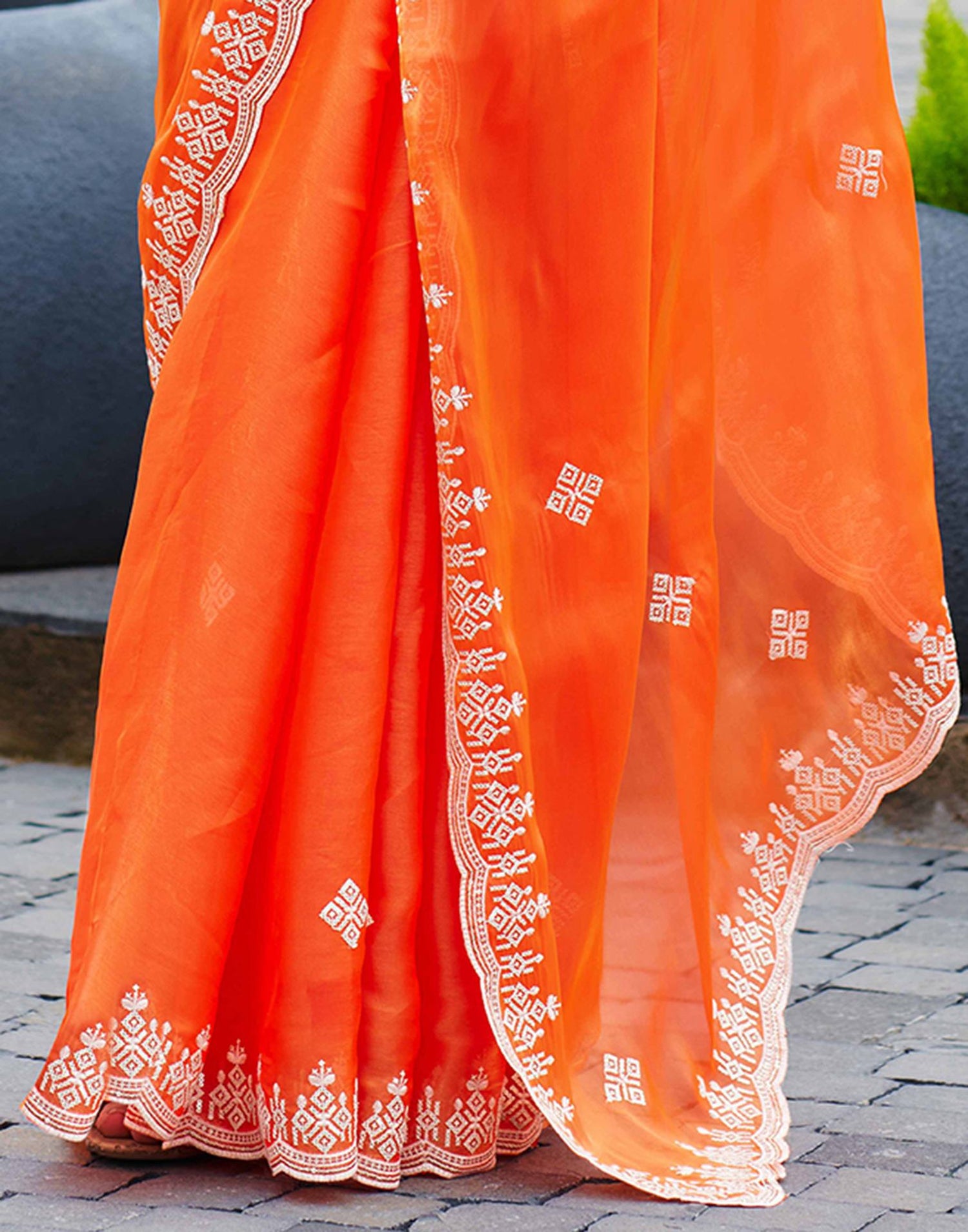 Orange Shimmer Sequence Embroidery Saree