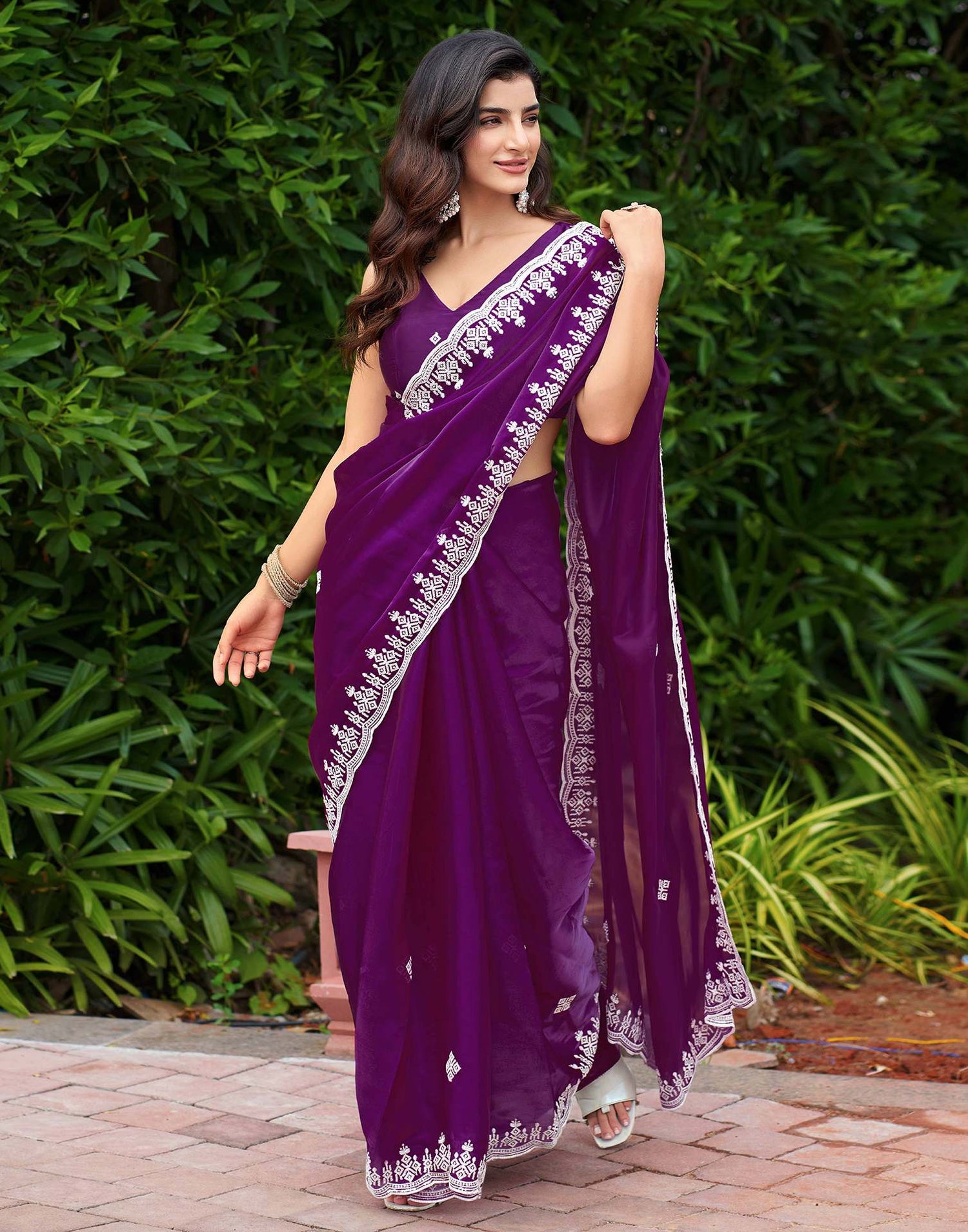 Dark Purple Shimmer Sequence Embroidery Saree