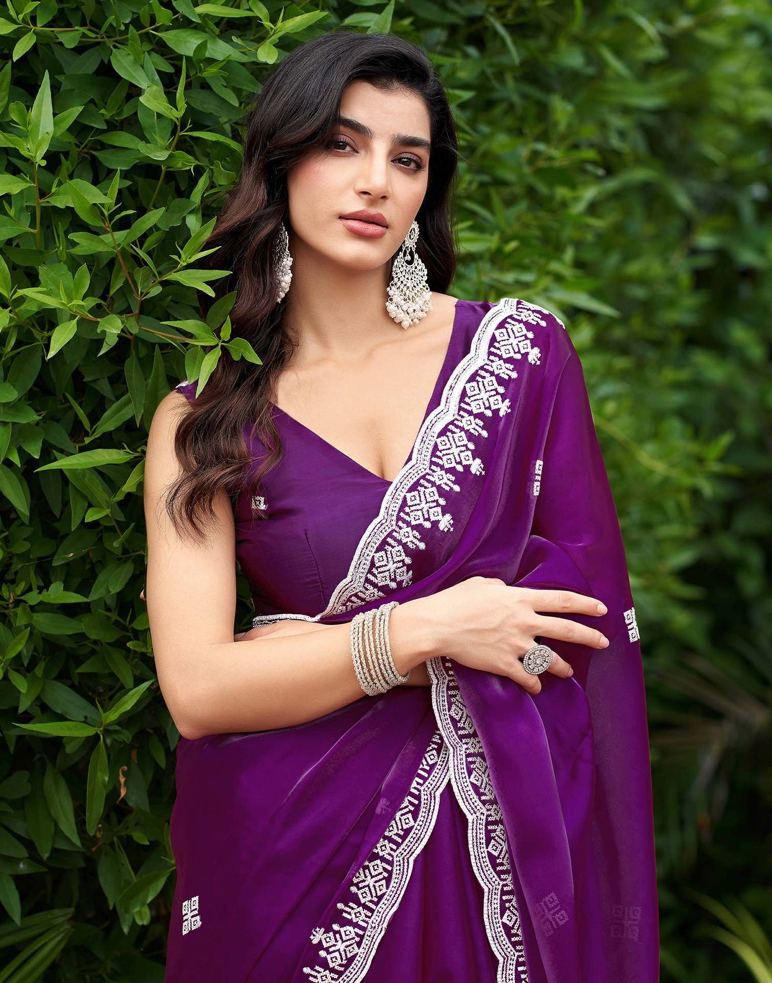 Dark Purple Shimmer Sequence Embroidery Saree