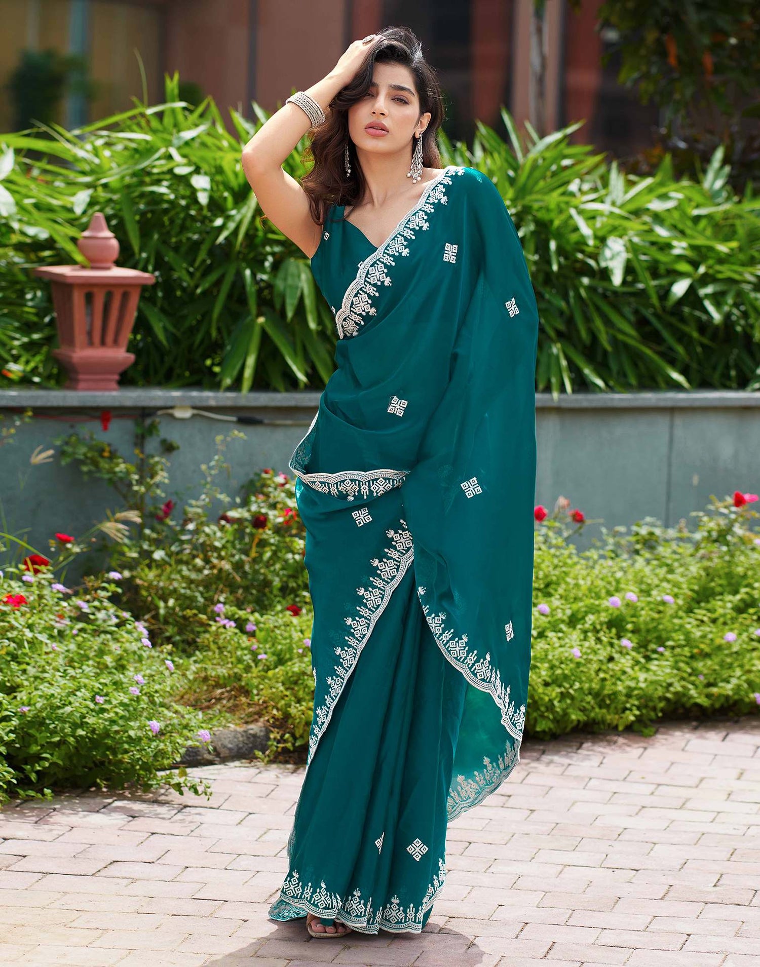 Rama Green Shimmer Sequence Embroidery Saree