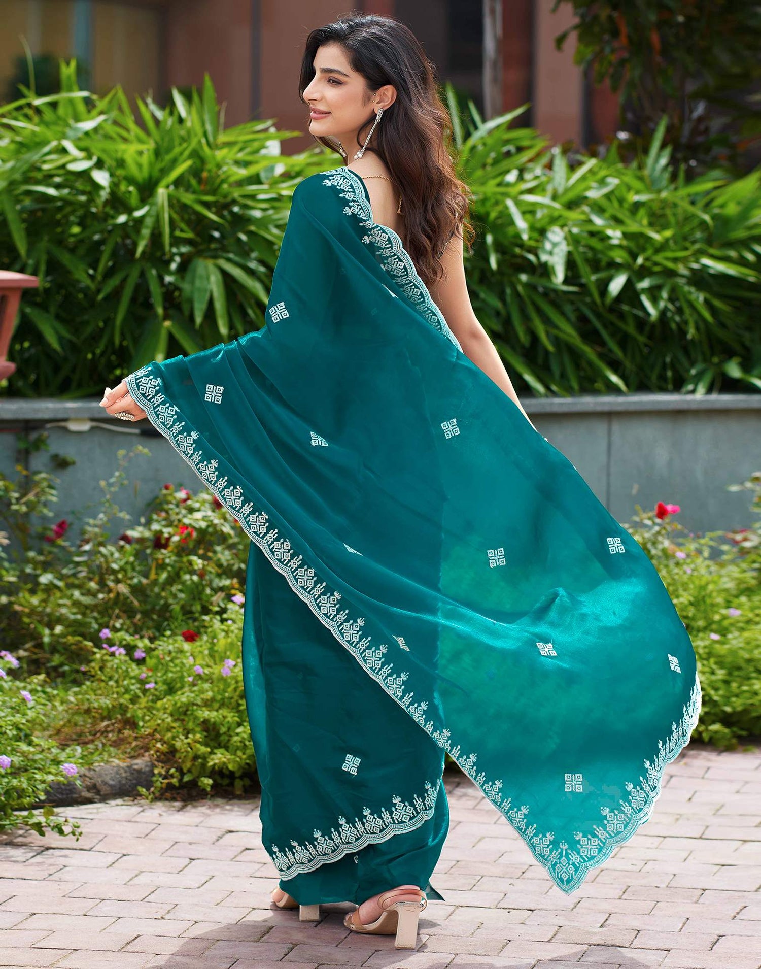 Rama Green Shimmer Sequence Embroidery Saree