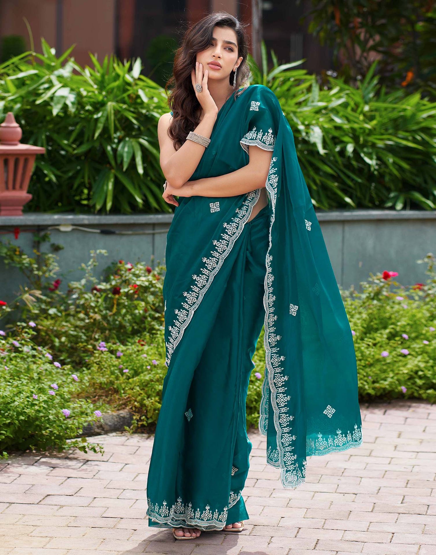 Rama Green Shimmer Sequence Embroidery Saree