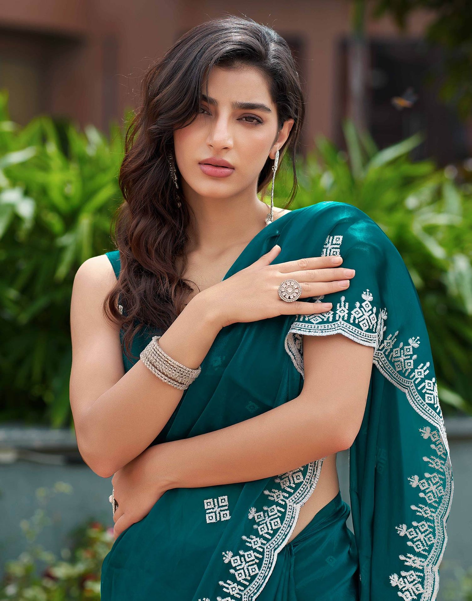 Rama Green Shimmer Sequence Embroidery Saree