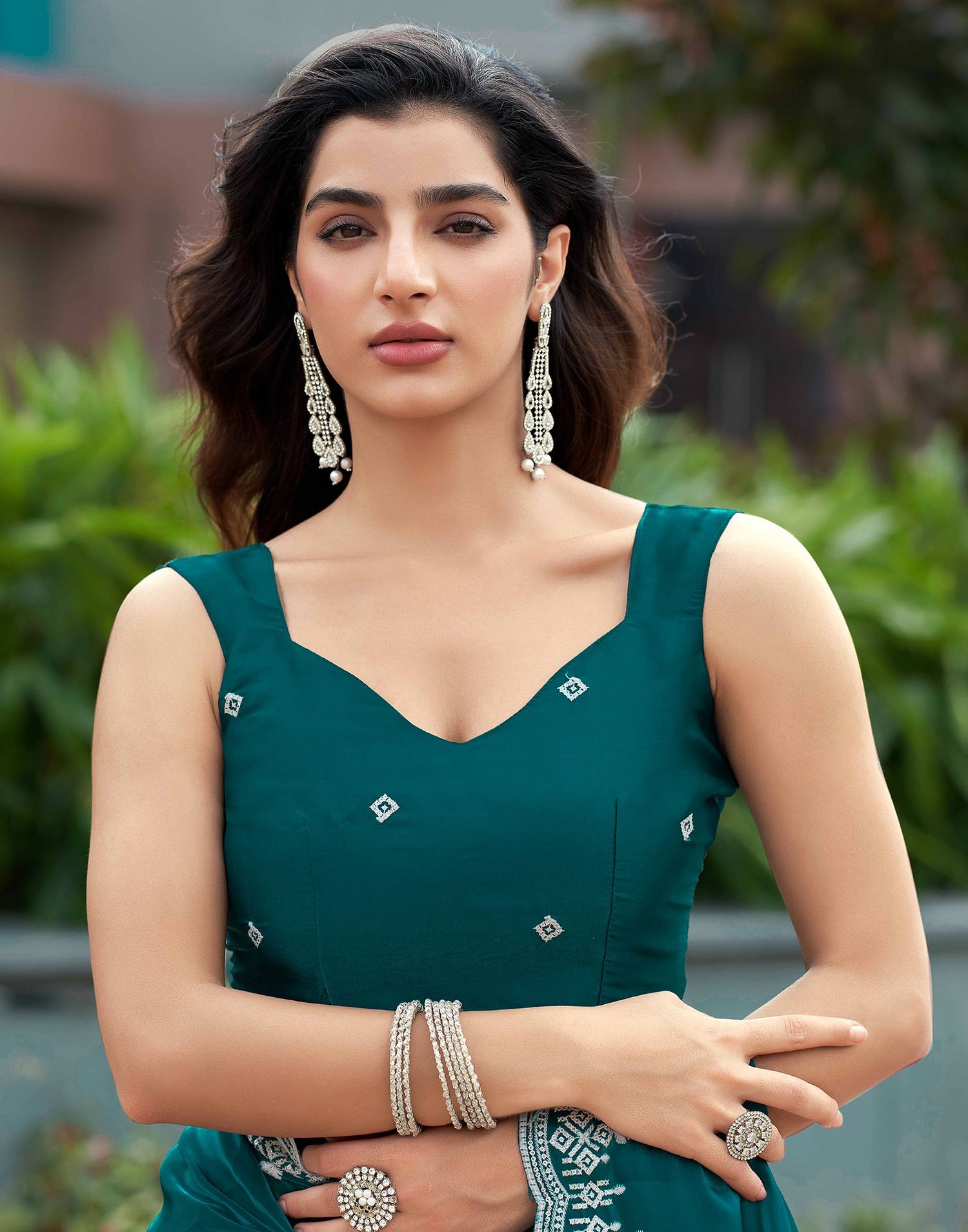 Rama Green Shimmer Sequence Embroidery Saree