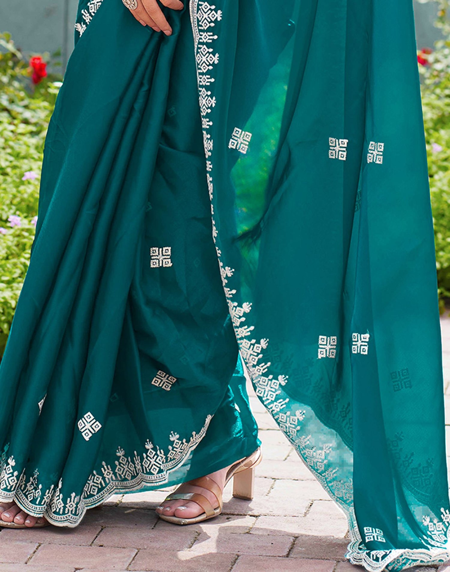Rama Green Shimmer Sequence Embroidery Saree