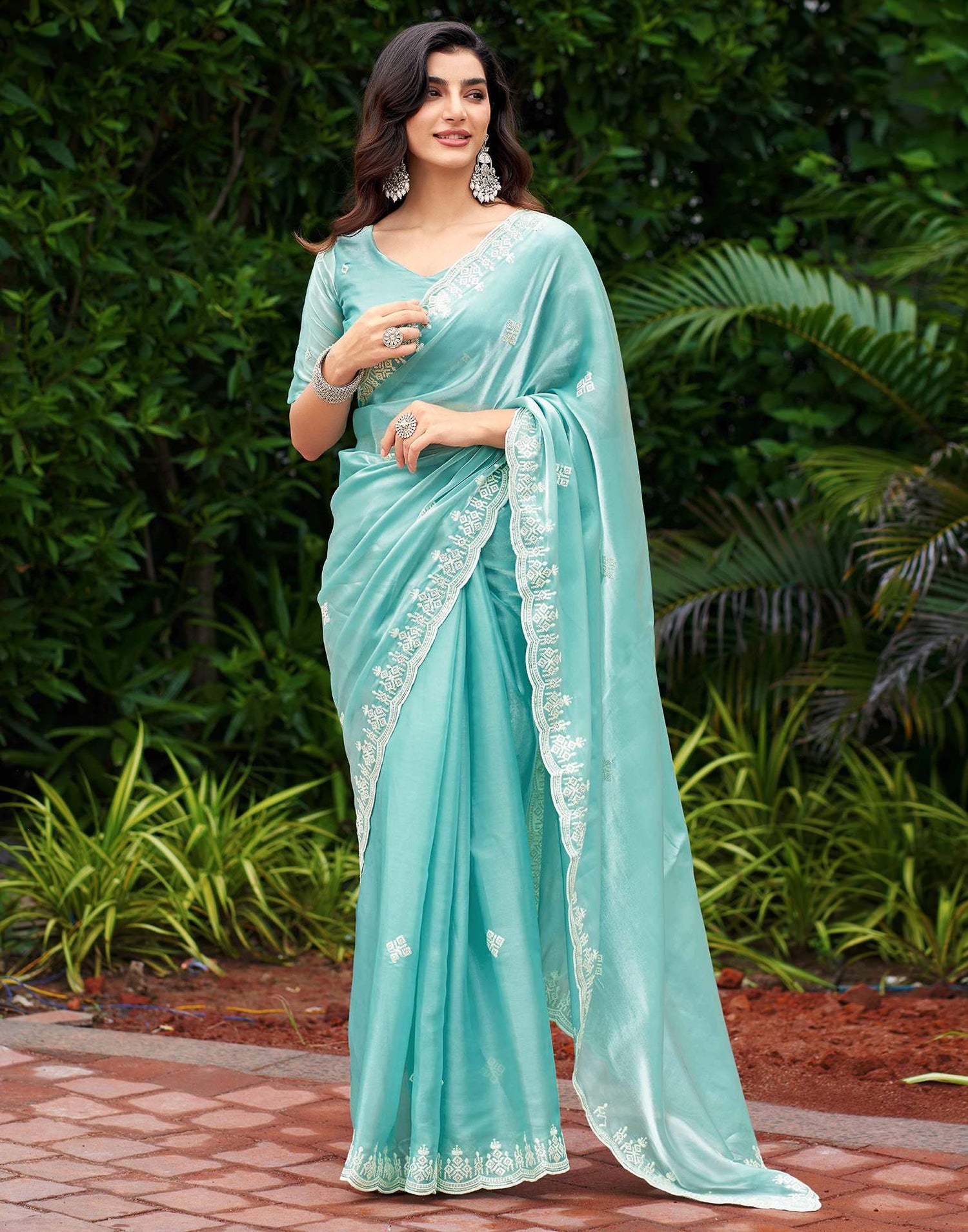 Mint Blue Shimmer Sequence Embroidery Saree