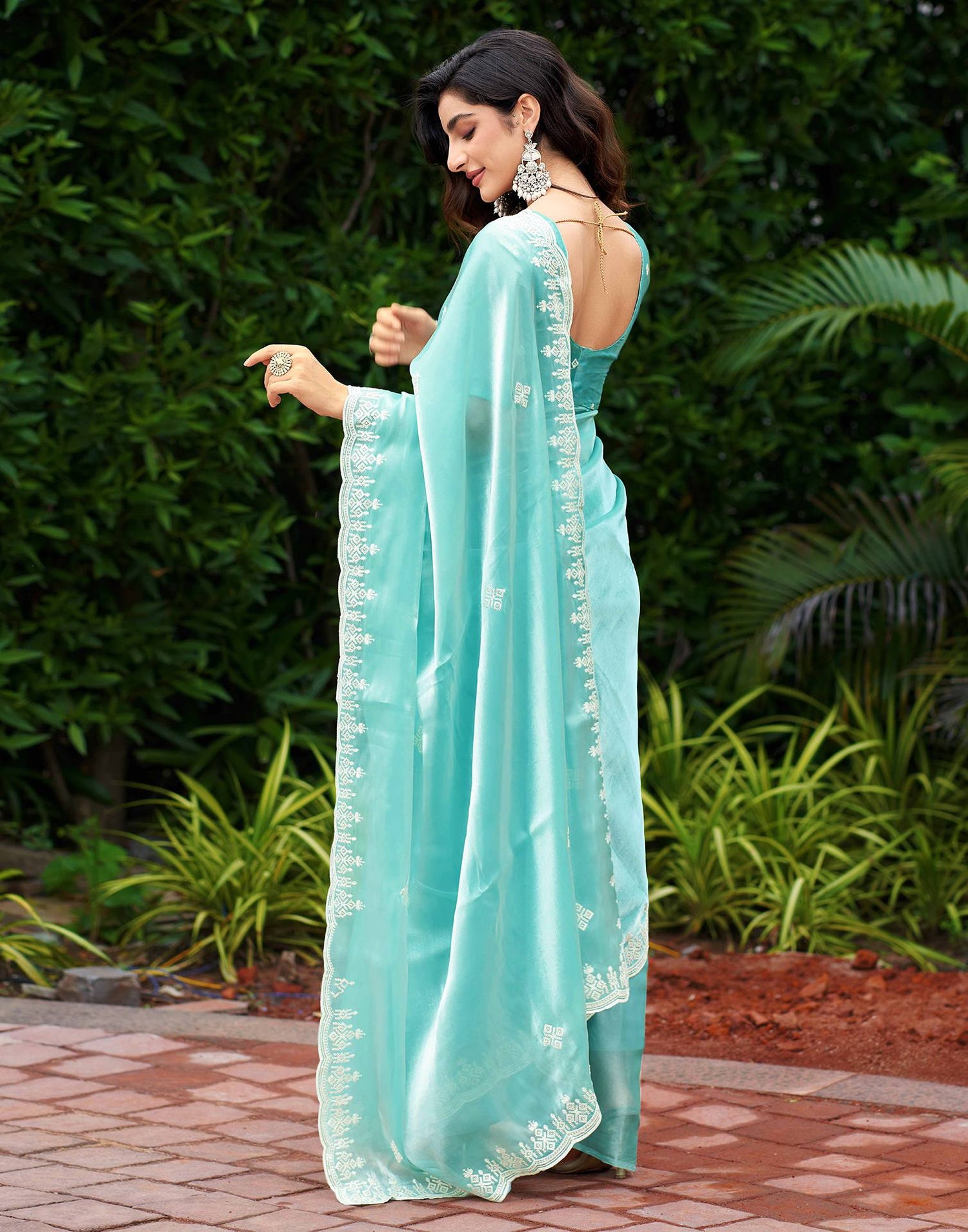 Mint Blue Shimmer Sequence Embroidery Saree
