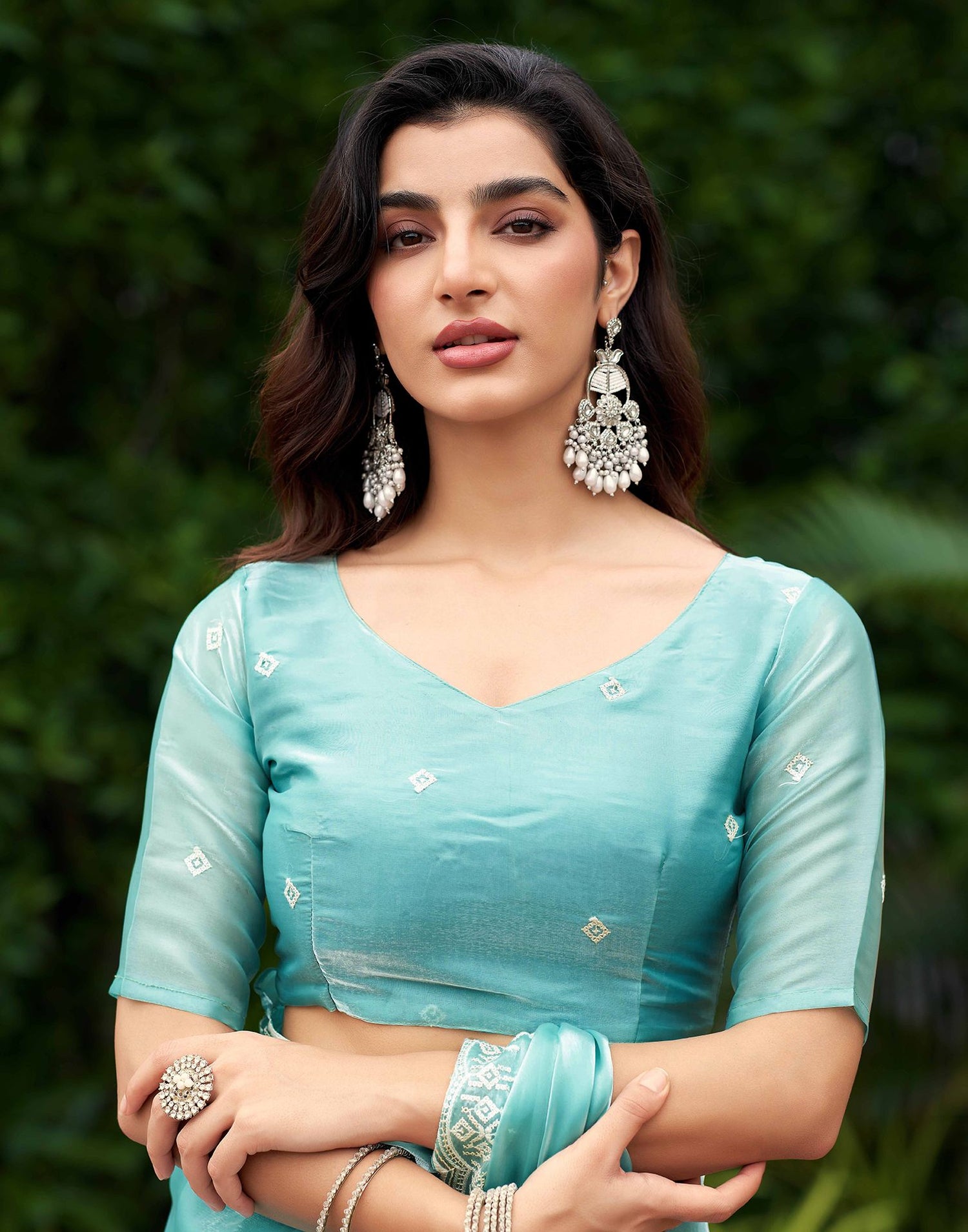 Mint Blue Shimmer Sequence Embroidery Saree