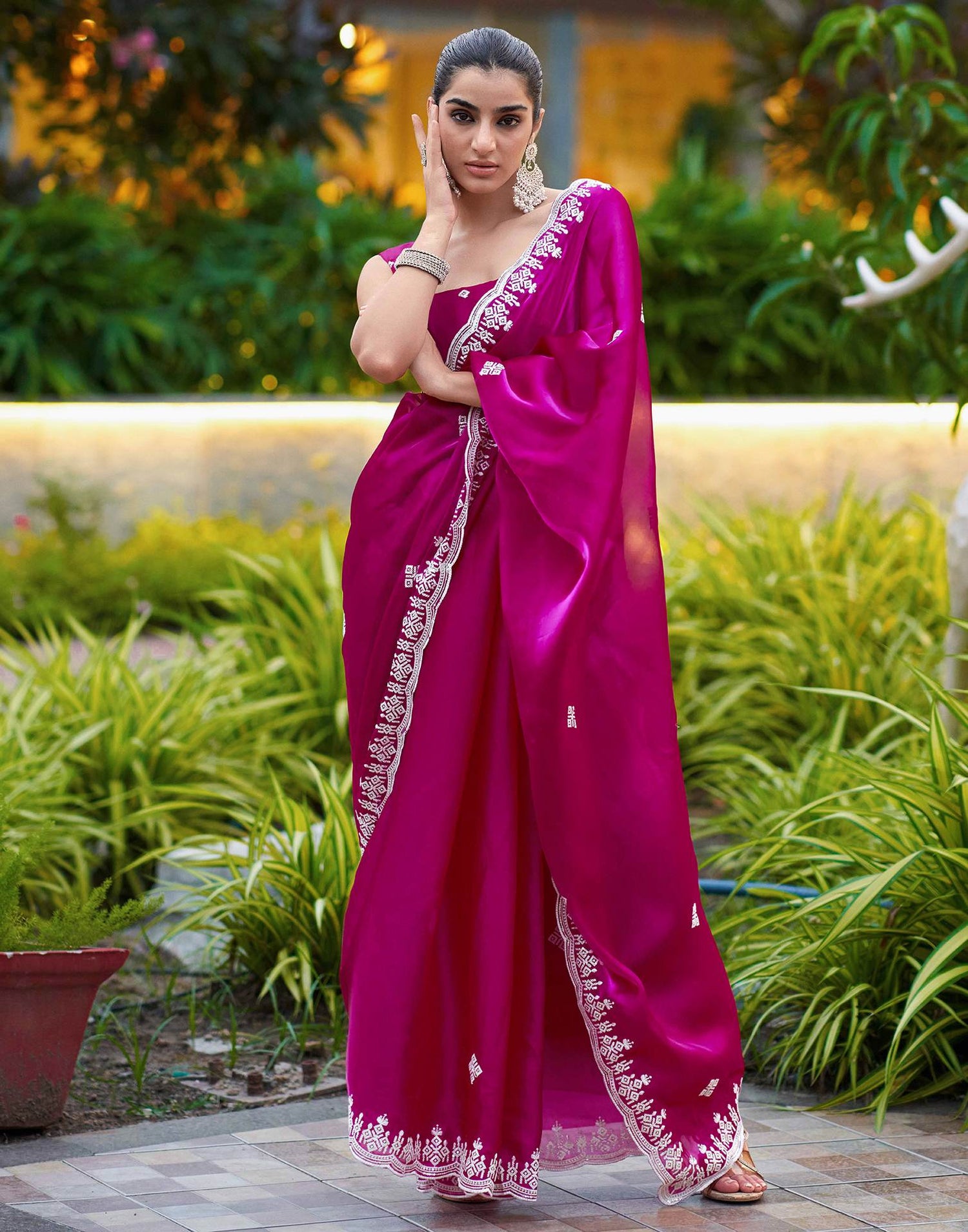Dark Pink Shimmer Sequence Embroidery Saree