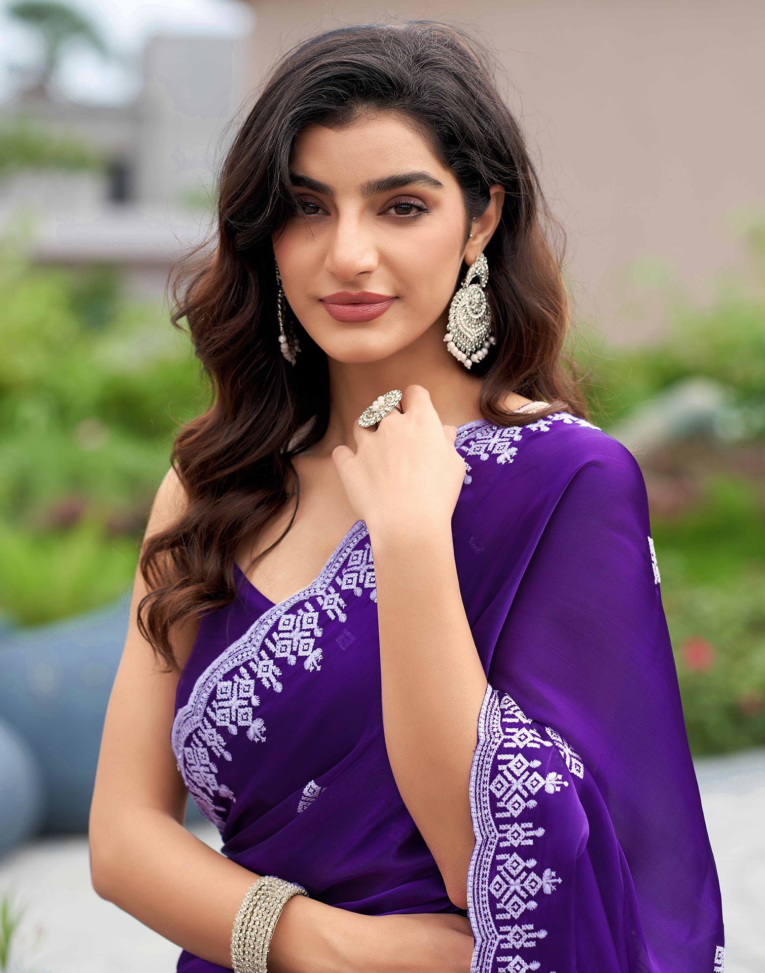 Voilet Shimmer Sequence Embroidery Saree