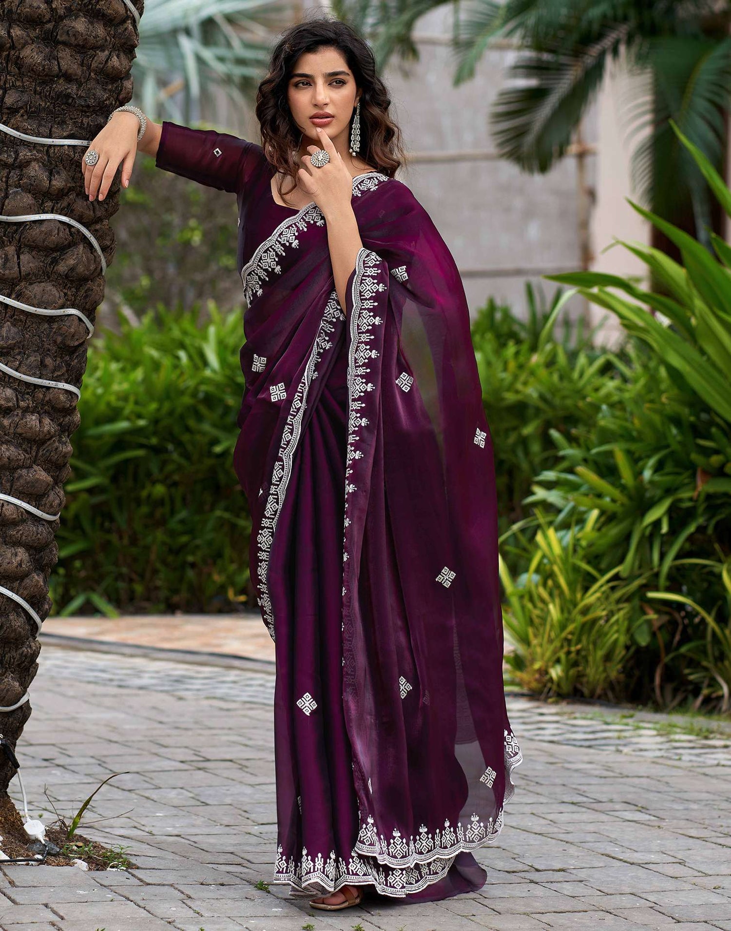 Wine Shimmer Sequence Embroidery Saree