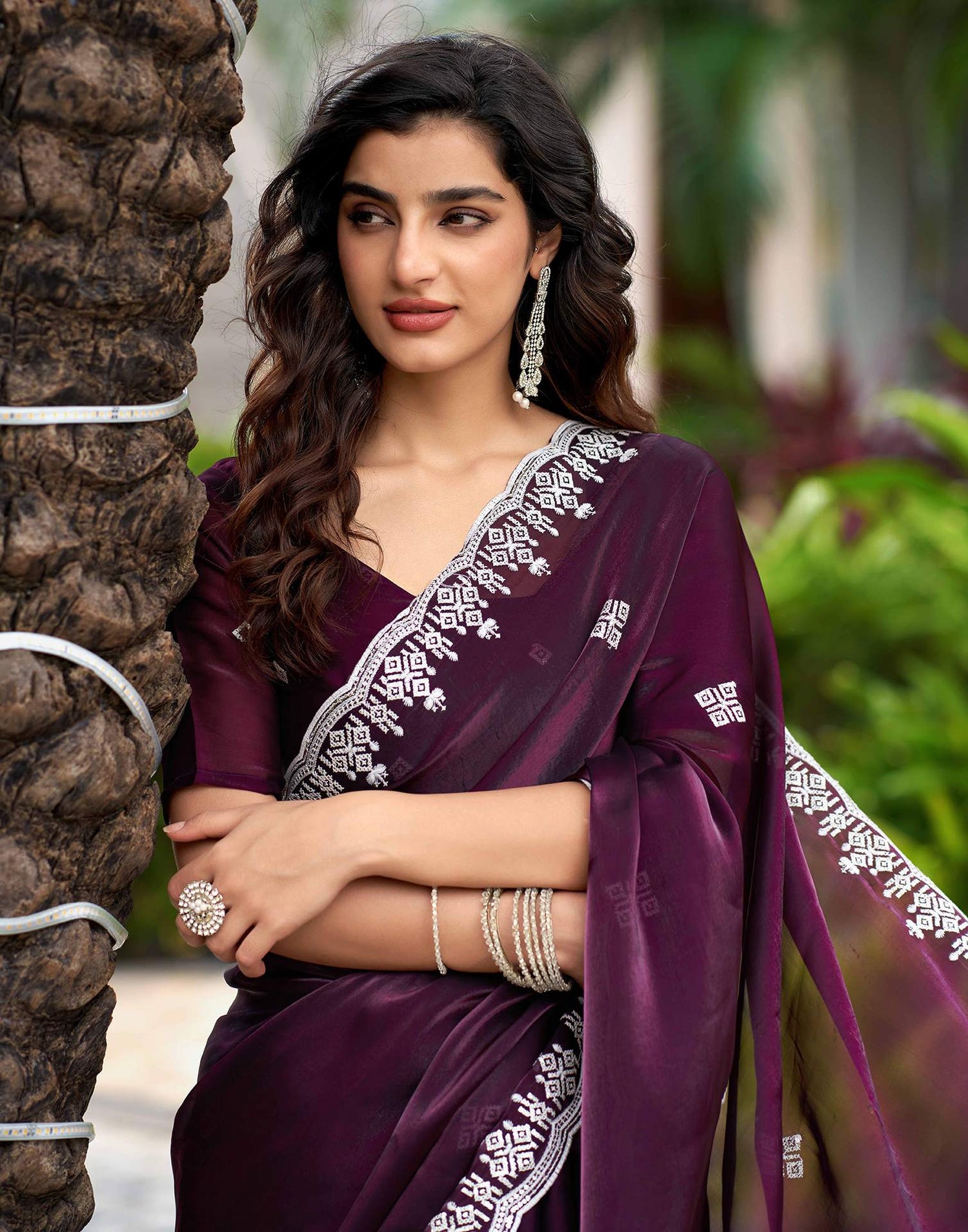 Wine Shimmer Sequence Embroidery Saree