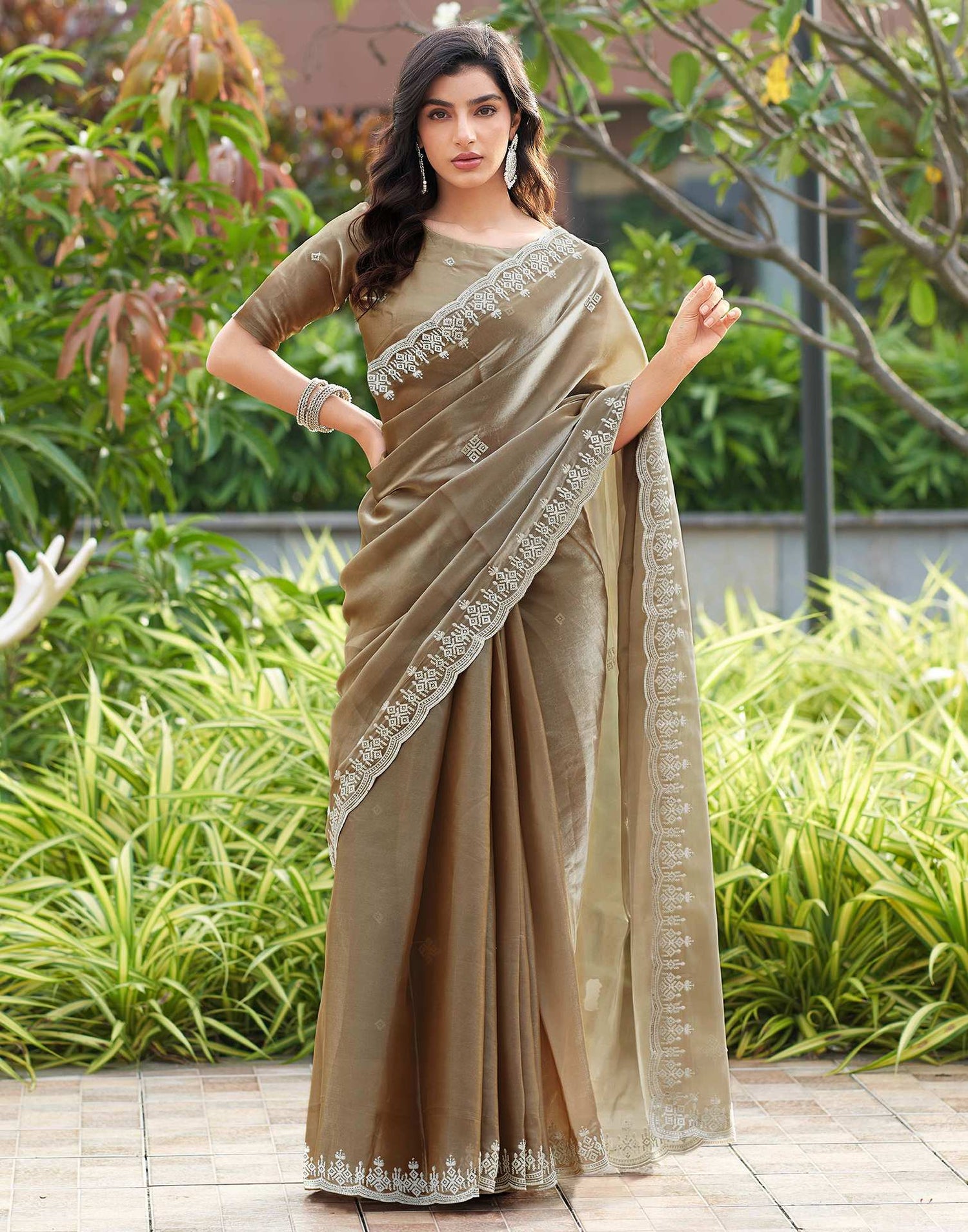 Beige Shimmer Sequence Embroidery Saree