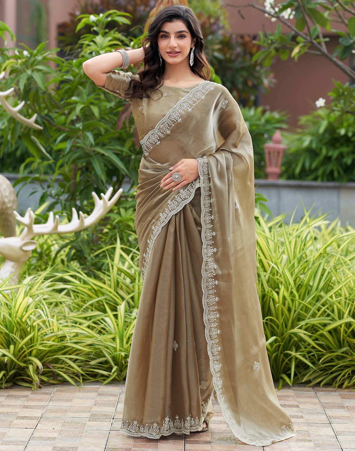 Beige Shimmer Sequence Embroidery Saree