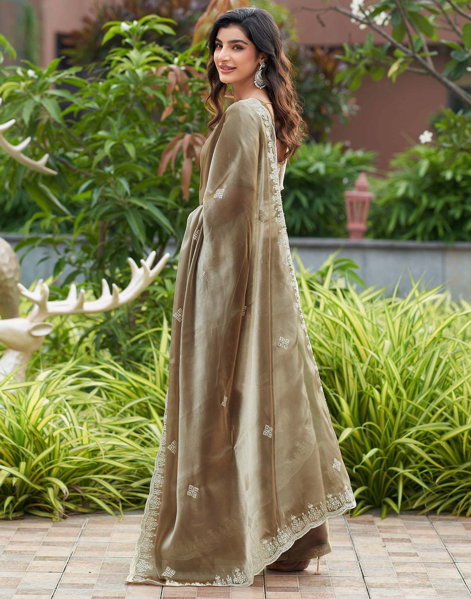 Beige Shimmer Sequence Embroidery Saree