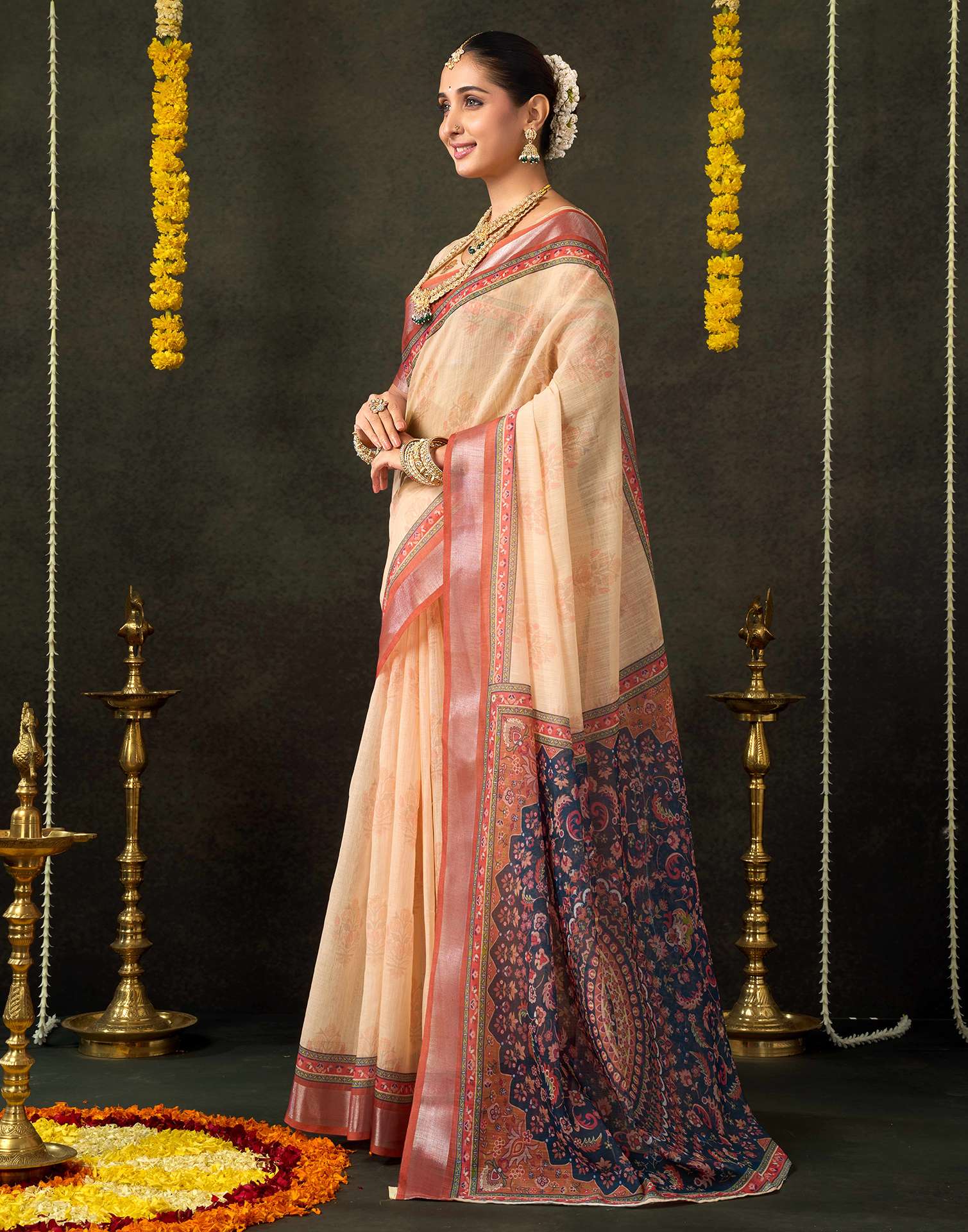 Dark Beige Cotton Printed Saree