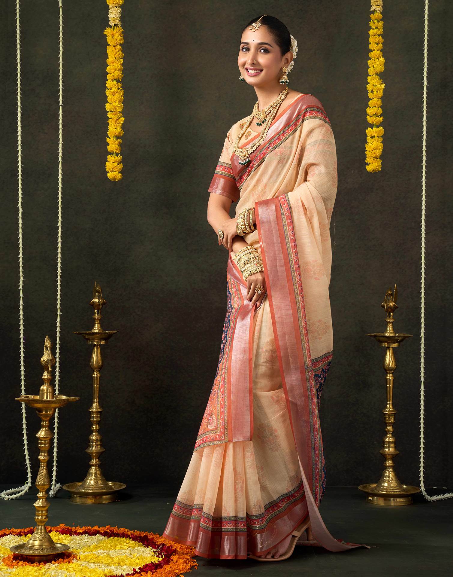 Dark Beige Cotton Printed Saree