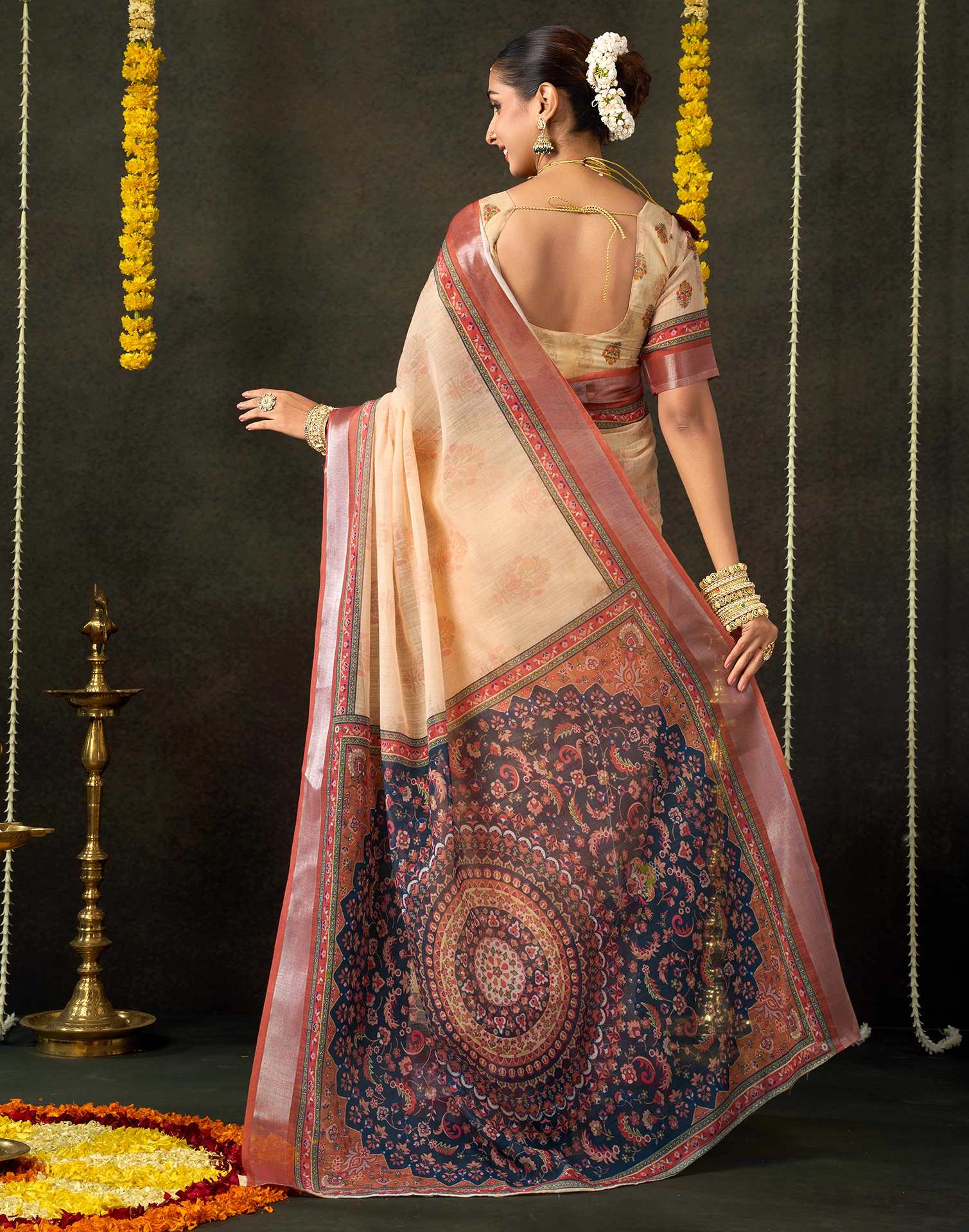Dark Beige Cotton Printed Saree