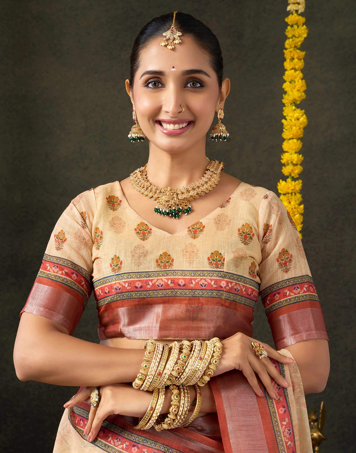 Dark Beige Cotton Printed Saree